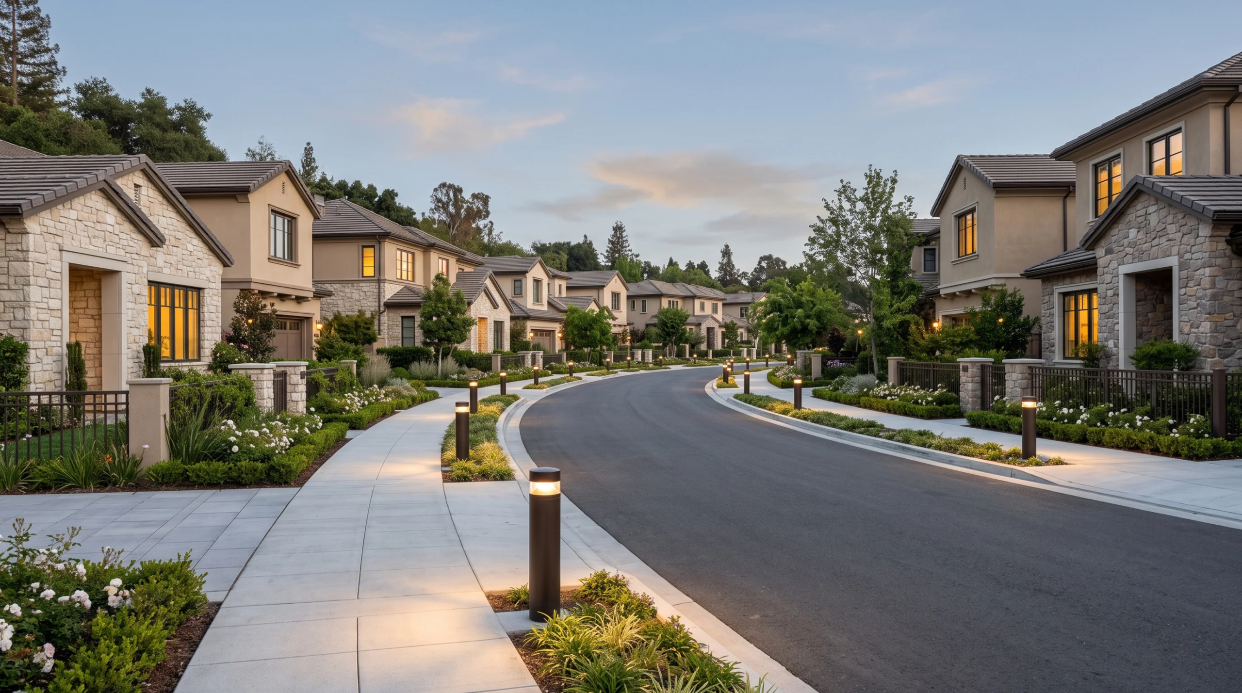Calle suburbana exclusiva con residencias de lujo revestidas en piedra, jardines impecables y bolardos de sendero iluminados al atardecer, diseño de iluminación paisajística de RBA Residences en Zapopan.