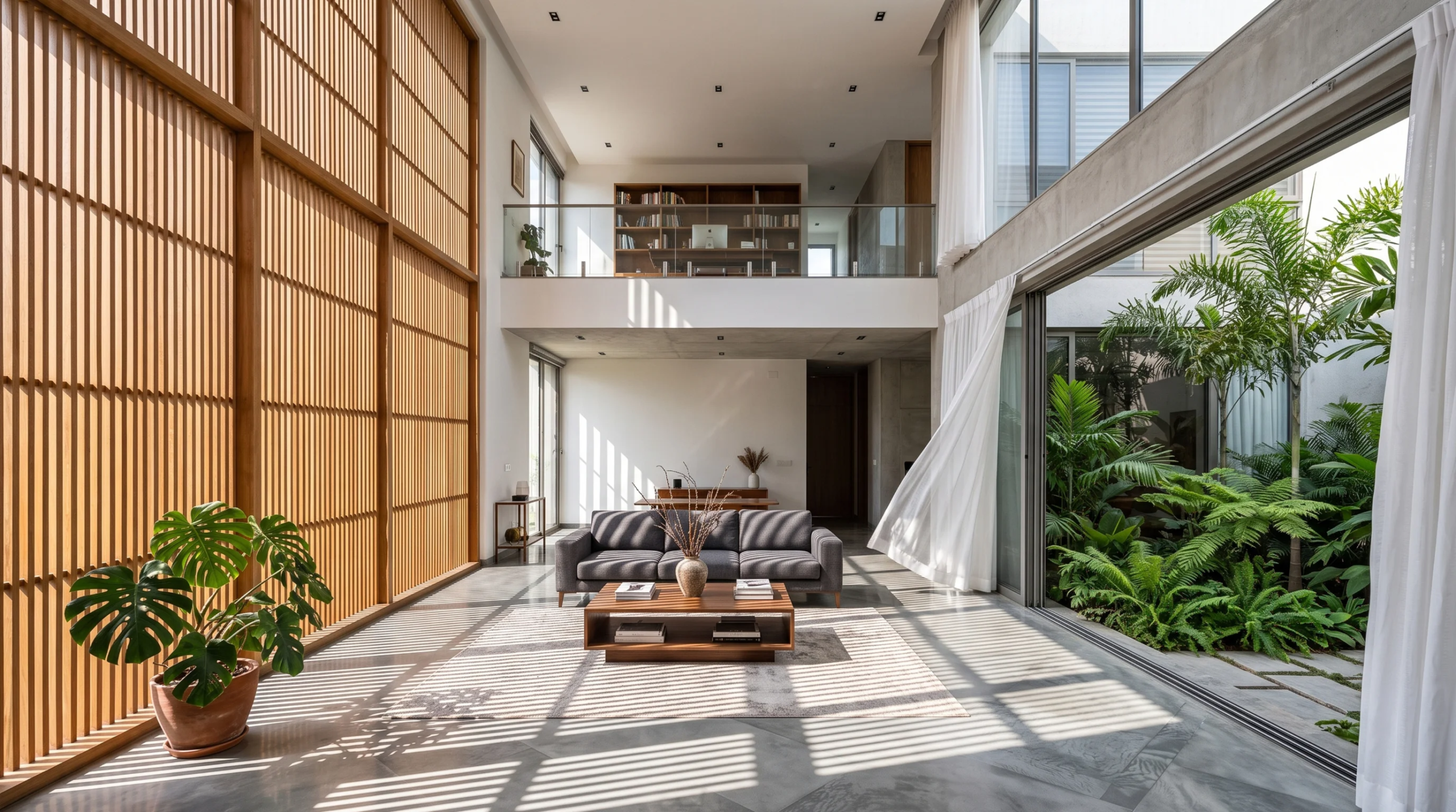 Interior de concepto abierto de doble altura con altos muros de celosía de madera que proyectan sombras lineales, pisos de concreto pulido, galería en mezzanine y puertas corredizas de vidrio hacia un exuberante patio tropical, diseño de luz y sombra de RBA Residences en Zapopan.