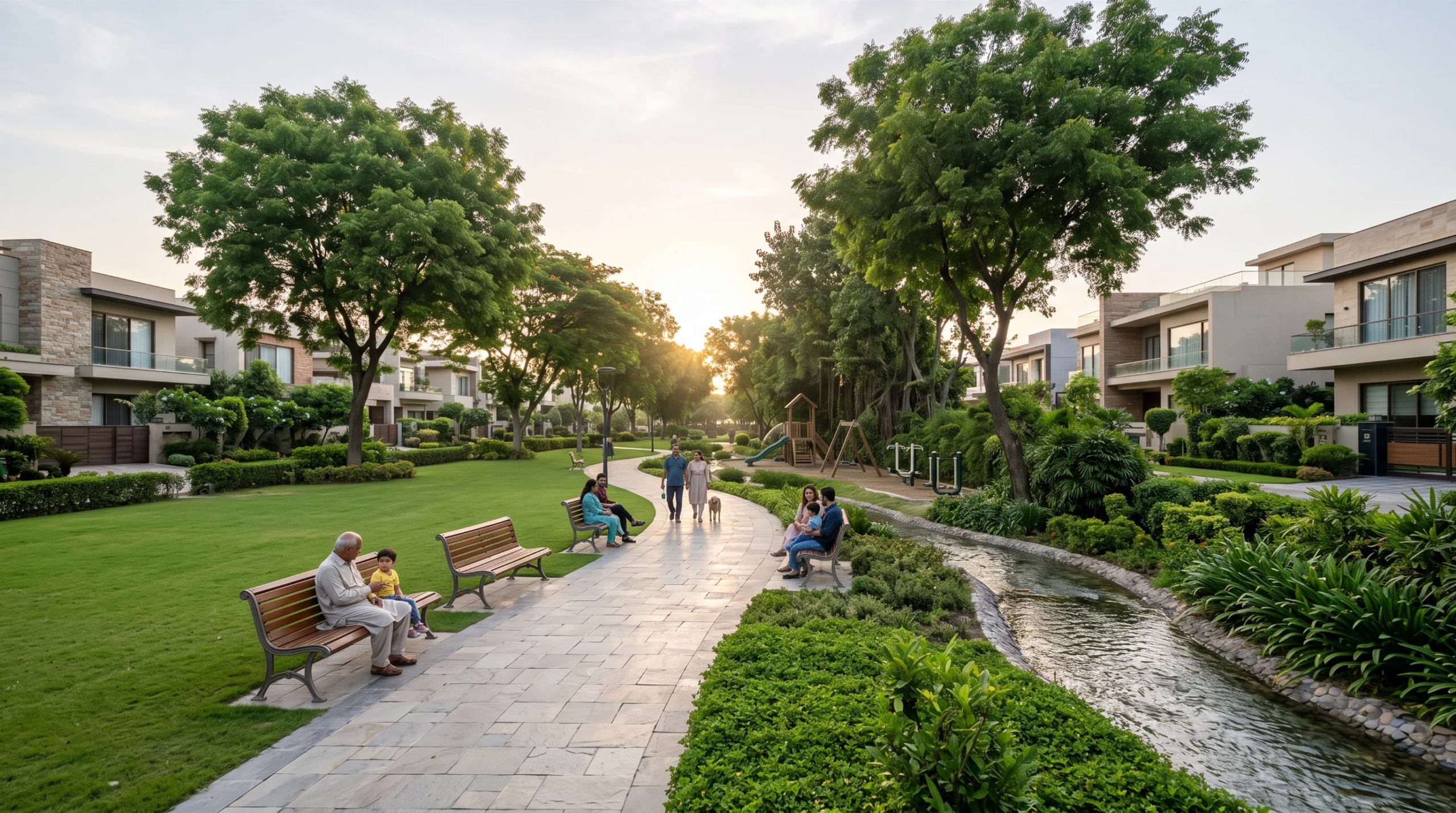 Parque comunitario residencial exuberante con sendero pavimentado, arroyo de piedra, área de juegos infantil, bancas de madera y casas modernas de lujo con árboles maduros al atardecer, amenidades comunitarias de RBA Residences en Zapopan.