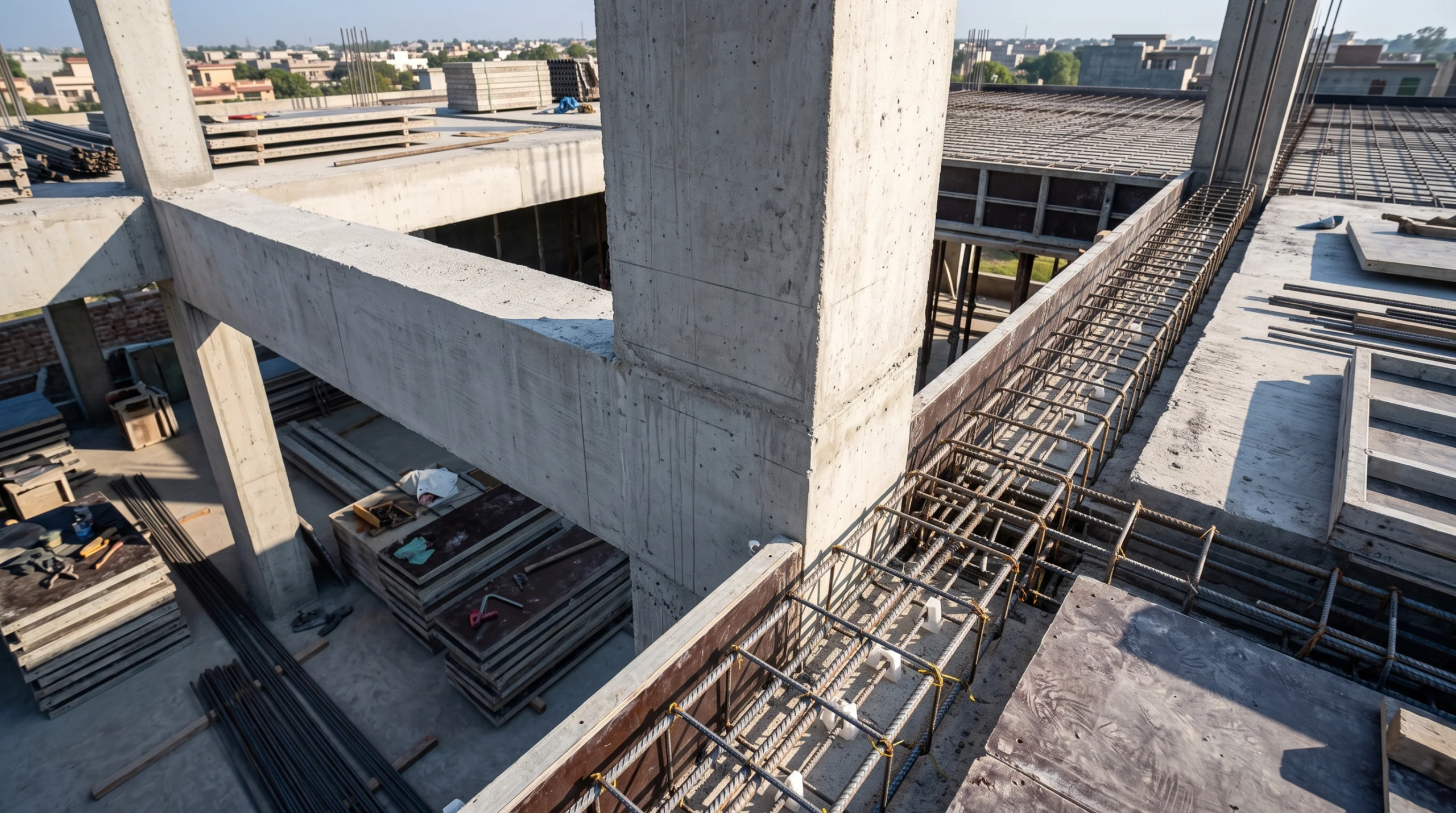 Estructura de concreto reforzado con jaulas de varilla expuestas, encofrado y columnas de soporte coladas en un sitio de construcción activo, integridad estructural de RBA Residences en Zapopan.