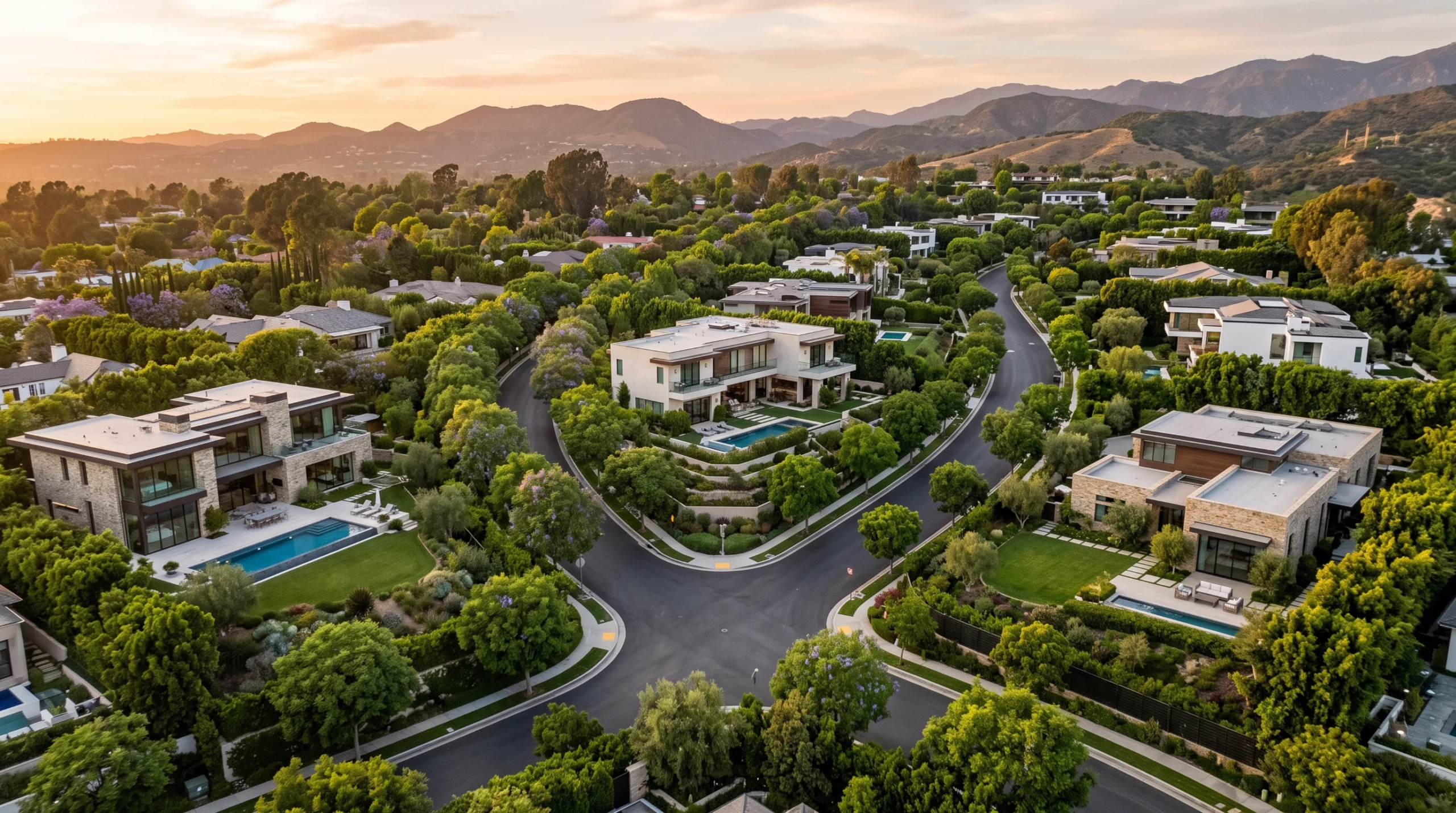 Vista a&eacute;rea con dron de un exclusivo enclave residencial en la ladera con residencias modernas, albercas, exuberante vegetaci&oacute;n y vistas panor&aacute;micas a la monta&ntilde;a al atardecer, desarrollo de lujo de RBA Residences en Zapopan.