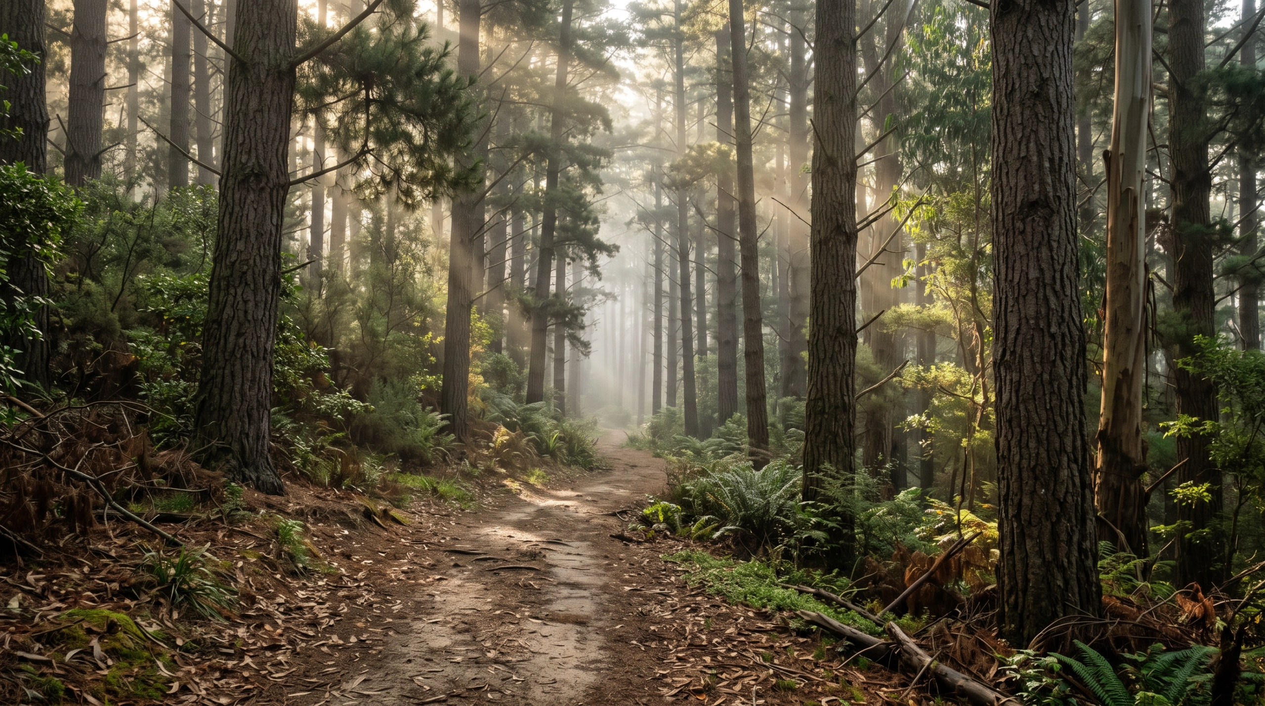 Fotograf&iacute;a de entorno natural de un sendero de tierra serpenteante a trav&eacute;s de un denso bosque de pinos con luz del sol filtr&aacute;ndose entre los troncos y niebla, inspiraci&oacute;n bi&oacute;fila y b&uacute;squeda de terrenos de RBA Residences en Zapopan.