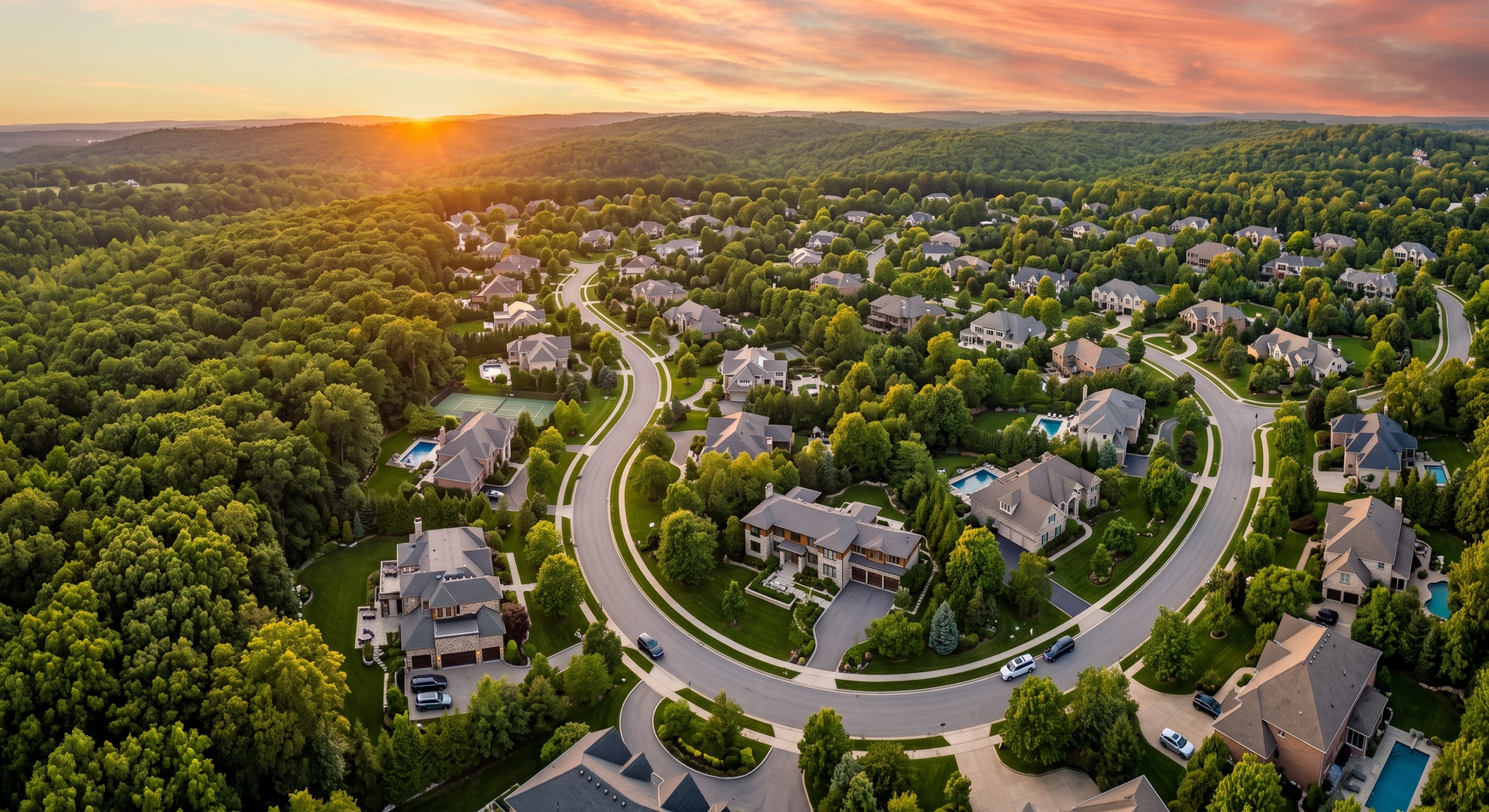 Vista a&eacute;rea de un desarrollo suburbano de lujo con amplias casas unifamiliares, calles pavimentadas curvas, albercas y un denso entorno forestal verde bajo un c&aacute;lido cielo al atardecer, integraci&oacute;n natural de RBA Residences en Zapopan.