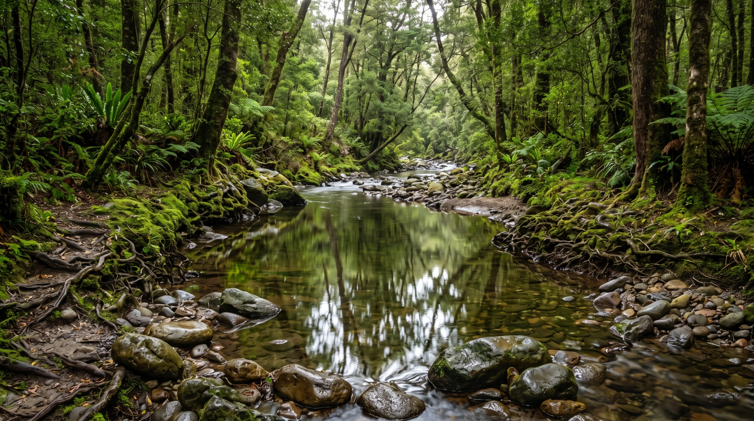 Arroyo claro y poco profundo serpenteando a trav&eacute;s de un denso bosque templado con rocas cubiertas de musgo, ra&iacute;ces expuestas y helechos verdes, inspiraci&oacute;n de dise&ntilde;o org&aacute;nico de RBA Residences en Zapopan.