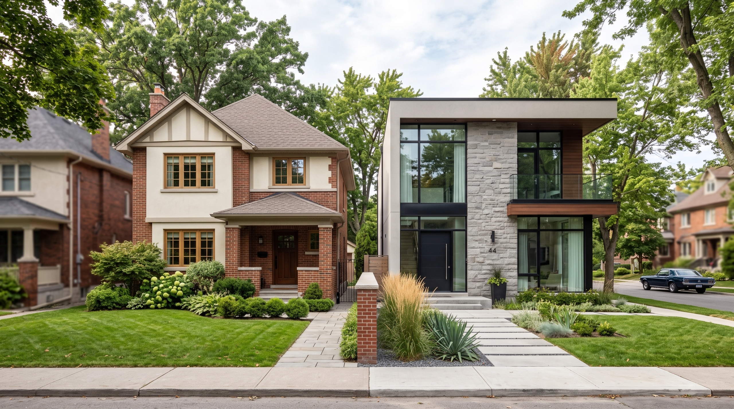 Vista comparativa lado a lado de dos estilos arquitect&oacute;nicos en un vecindario suburbano, con una casa cl&aacute;sica de ladrillo estilo Tudor junto a una casa minimalista contempor&aacute;nea con grandes ventanales de vidrio y revestimiento de piedra, diversidad arquitect&oacute;nica de RBA Residences en Zapopan.