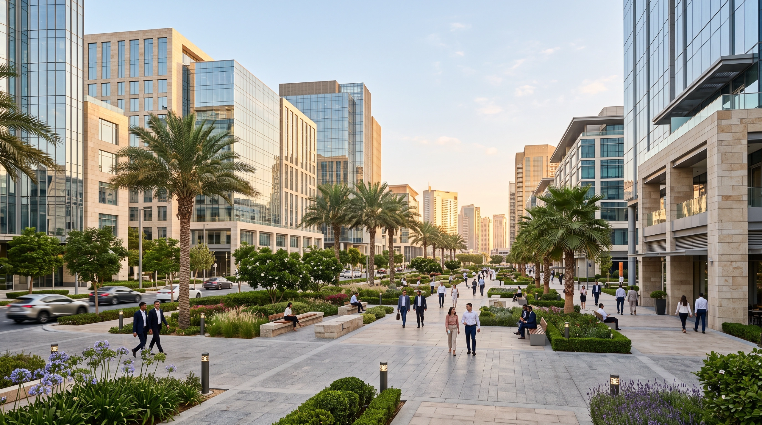 Vista de un moderno distrito empresarial urbano con torres de oficinas de vidrio, un amplio bulevar peatonal de piedra, palmeras, jardines paisaj&iacute;sticos y personas caminando bajo cielos despejados, conectividad urbana de RBA Residences en Zapopan.