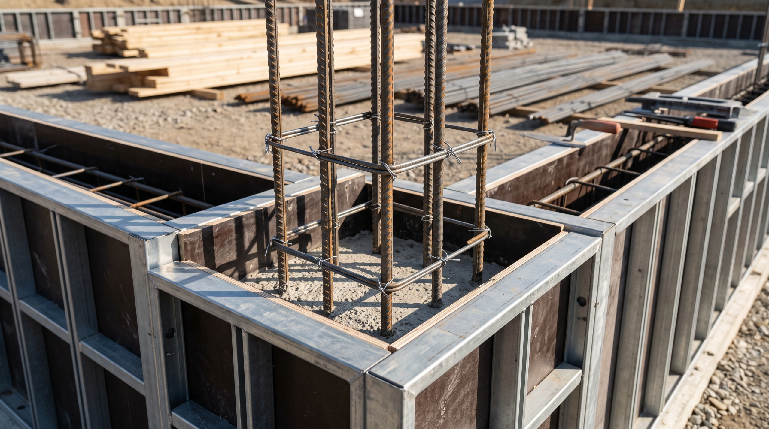 Vista de cimentaci&oacute;n en construcci&oacute;n con jaula de varilla de acero para columna dentro de paneles de encofrado modular, con pilas de madera al fondo bajo luz diurna, precisi&oacute;n estructural de RBA Residences en Zapopan.