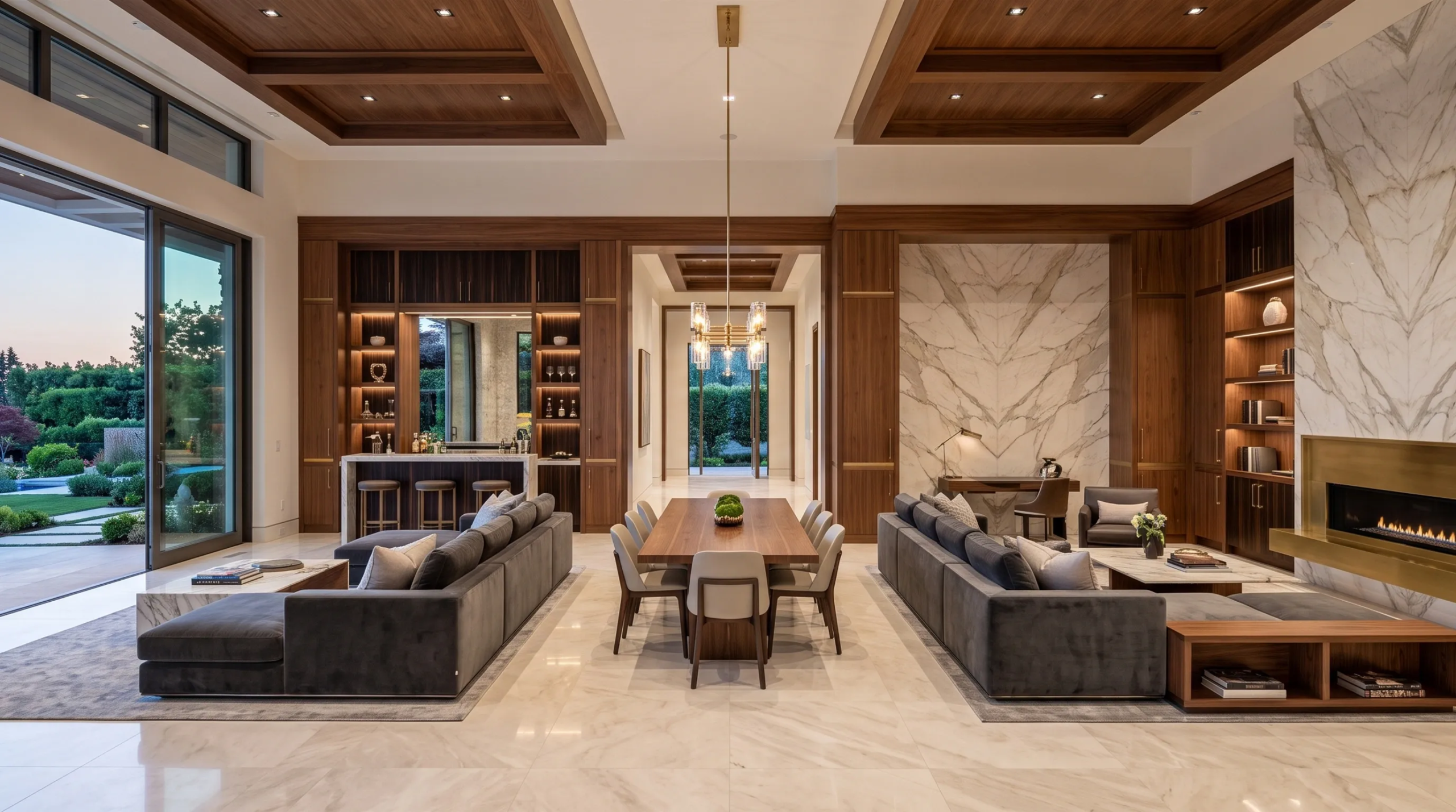 Sala de estar de lujo expansiva con áreas de asiento simétricas, sofás seccionales oscuros, mesa de comedor de madera central con candelabro de latón, techos artesonados de madera cálida, muros de acento de mármol a libro con chimenea lineal y puertas corredizas de vidrio hacia un jardín paisajista exuberante, diseño de interiores de RBA Residences en Zapopan.