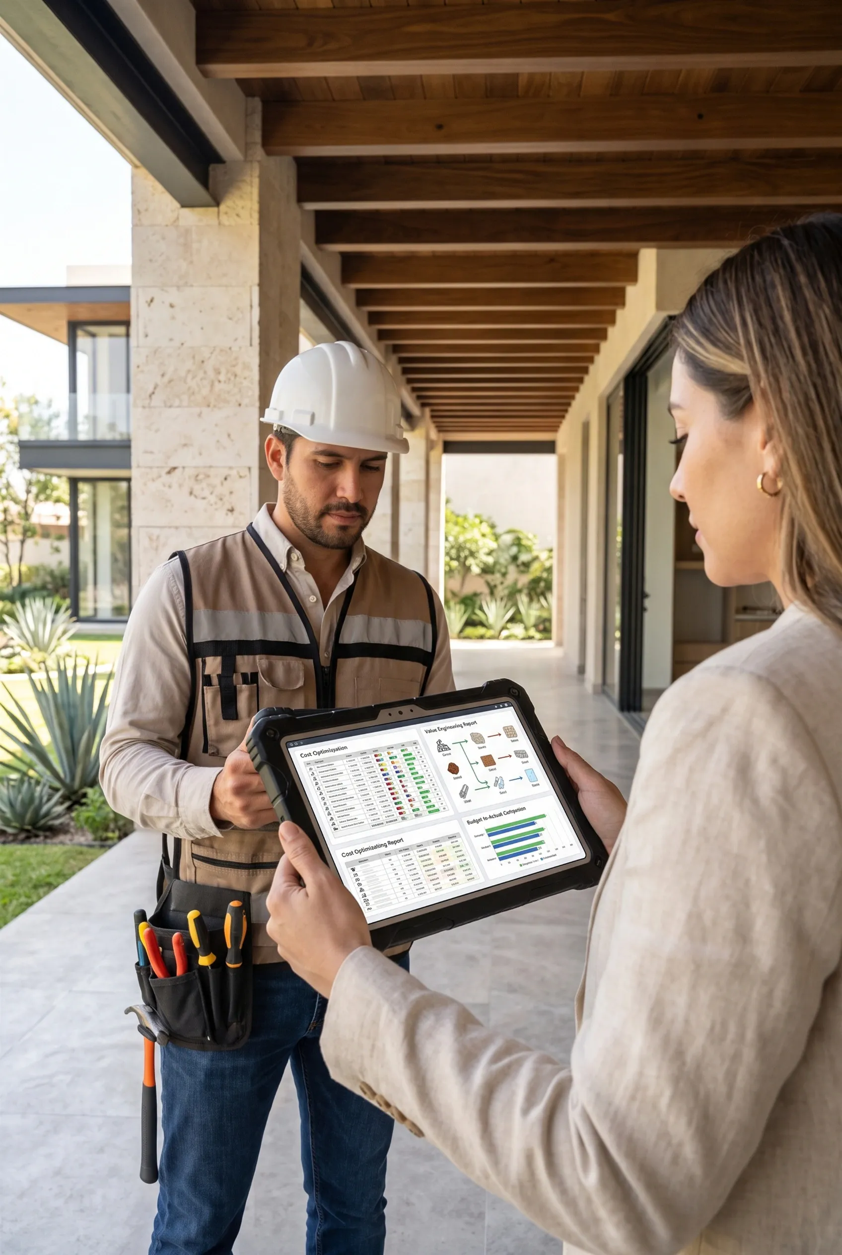 Vista de una tableta digital reforzada mostrando informes de optimizaci&oacute;n de costos, m&eacute;tricas de ingenier&iacute;a de valor y gr&aacute;ficos de barras comparativos de presupuesto, en un corredor de patio exterior cubierto con vigas de techo de madera expuestas, revestimiento de piedra travertino, pisos de loseta pulida y sistemas de puertas corredizas de vidrio, gesti&oacute;n financiera de RBA Residences en Zapopan.