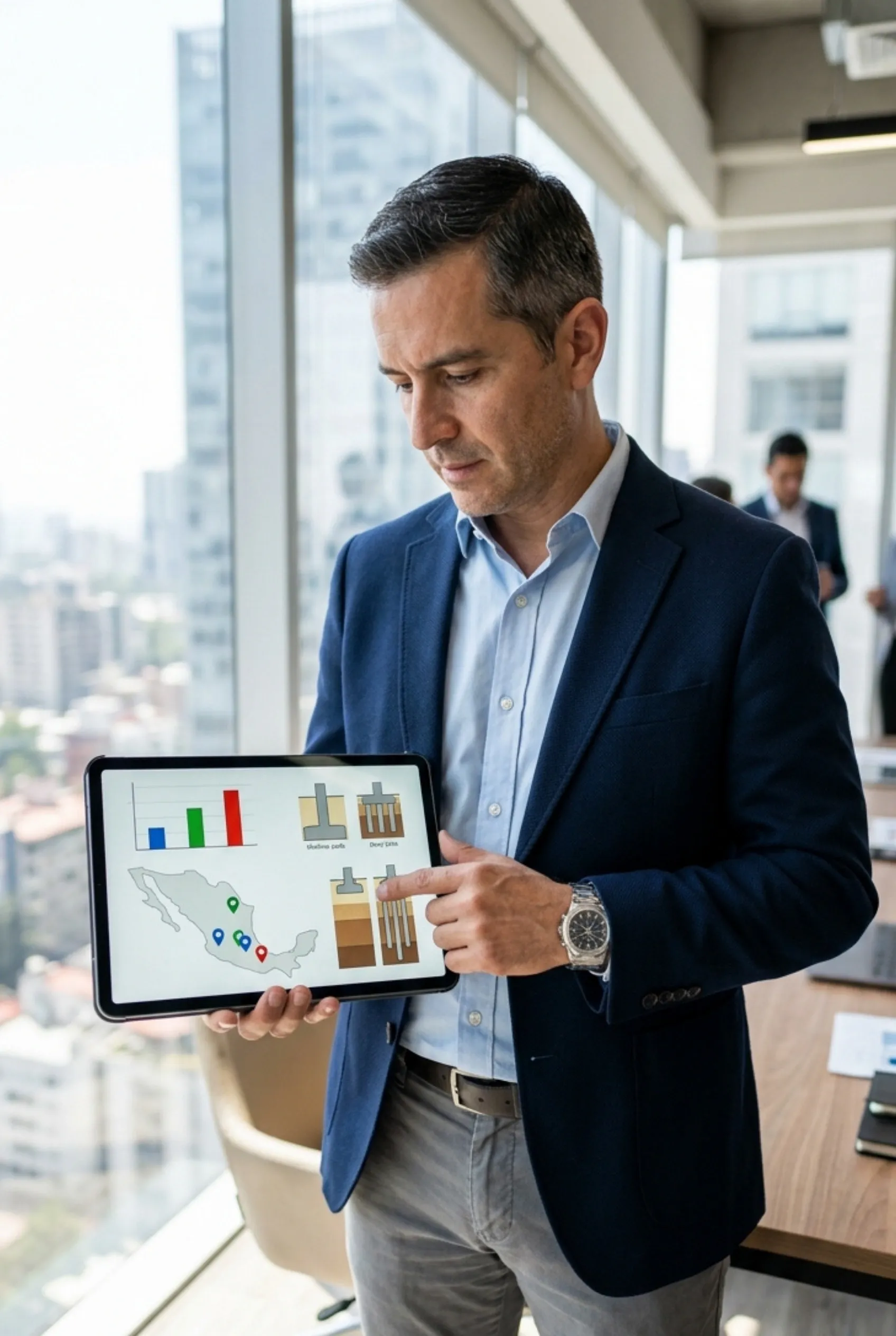 Ejecutivo corporativo o consultor de ingeniería con blazer azul marino señalando una tableta con diagramas de ingeniería de cimentación, mapas regionales del sitio y gráficos analíticos, en una oficina de rascacielos con vista al horizonte urbano, planificación estratégica de RBA Residences en Zapopan.
