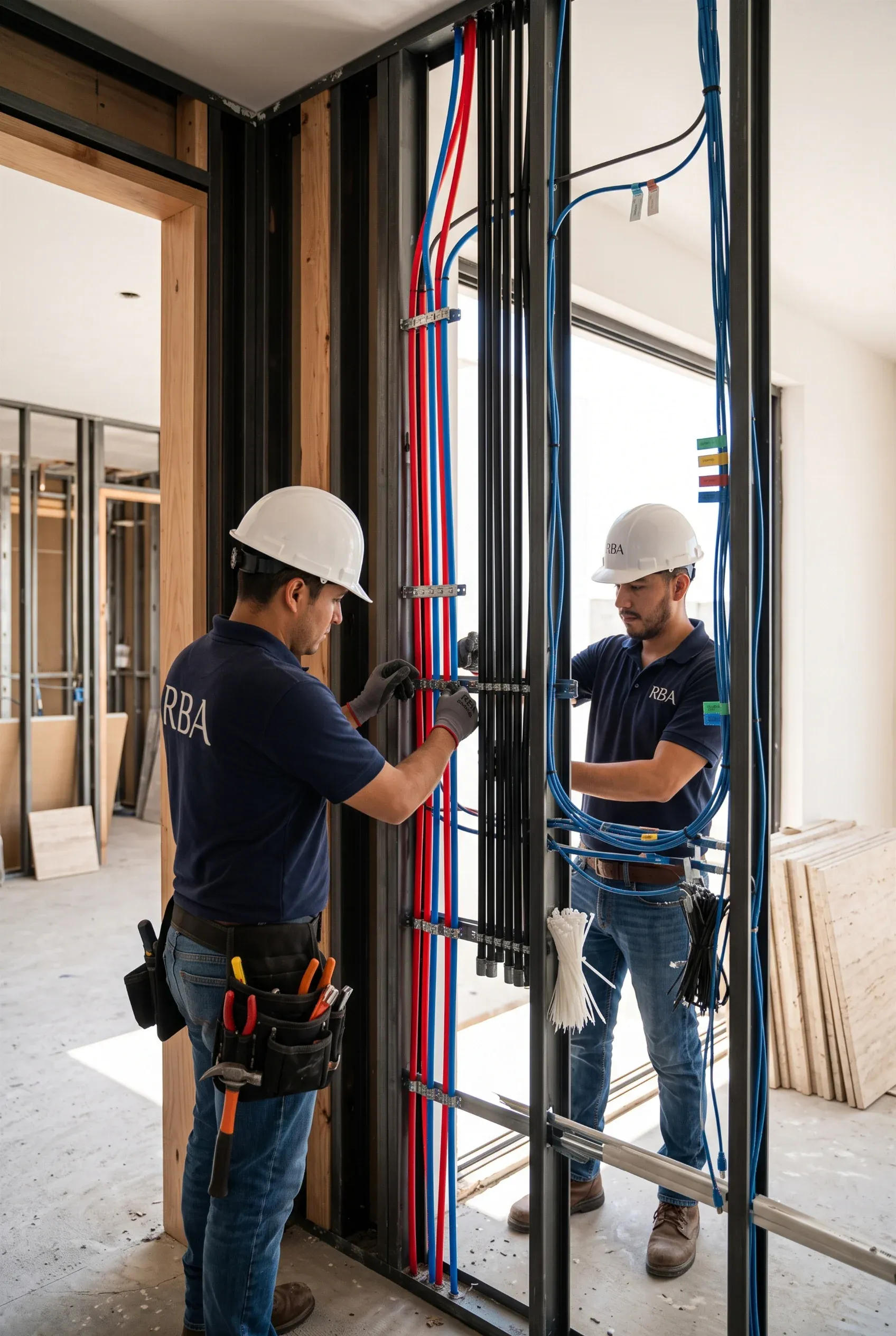 Vista de dos técnicos instalando tubería eléctrica (conduit) y cableado MEP dentro de una estructura de metal en un sitio de construcción moderno, coordinación de infraestructura oculta de RBA Residences en Zapopan.
