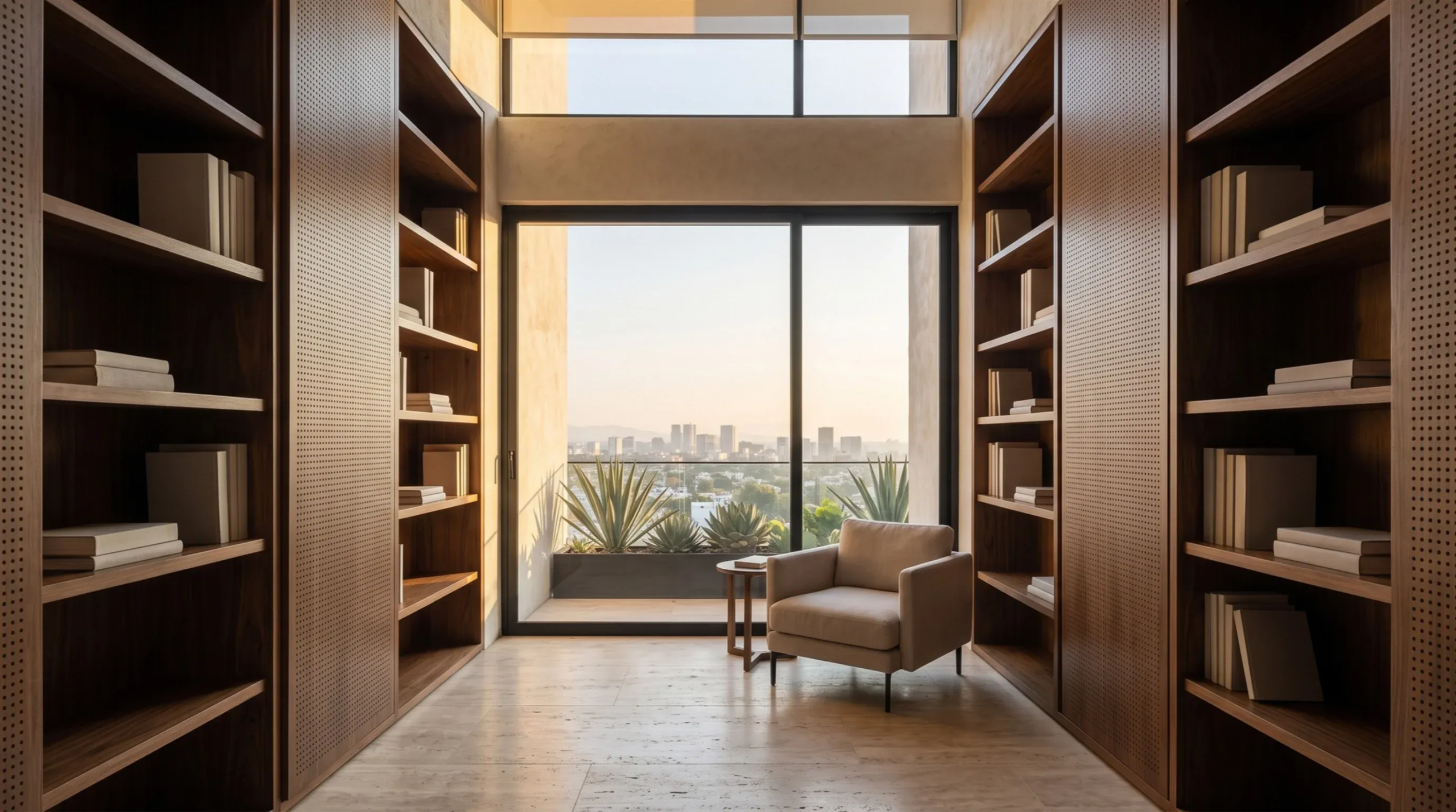 Vista de un diseño interior de biblioteca con instalación de ebanistería a medida y disposición de paneles acústicos de madera, creando un santuario intelectual y confort sonoro de RBA Residences en Zapopan.