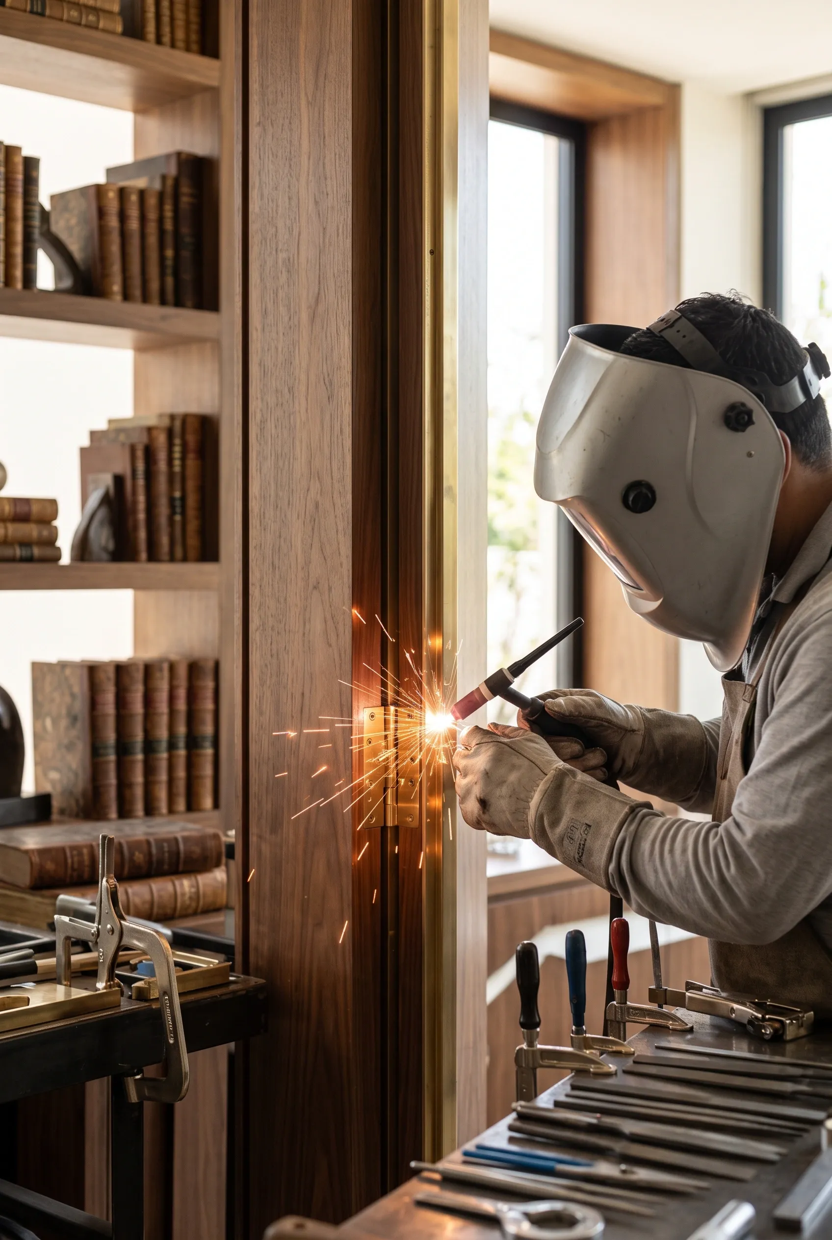 Vista de un metalúrgico con casco de soldadura y guantes de protección utilizando un soplete TIG para soldar con precisión herrajes de latón personalizados en un marco de puerta de nogal, dentro de una elegante oficina o biblioteca con estanterías integradas, detalle artesanal de RBA Residences en Zapopan.