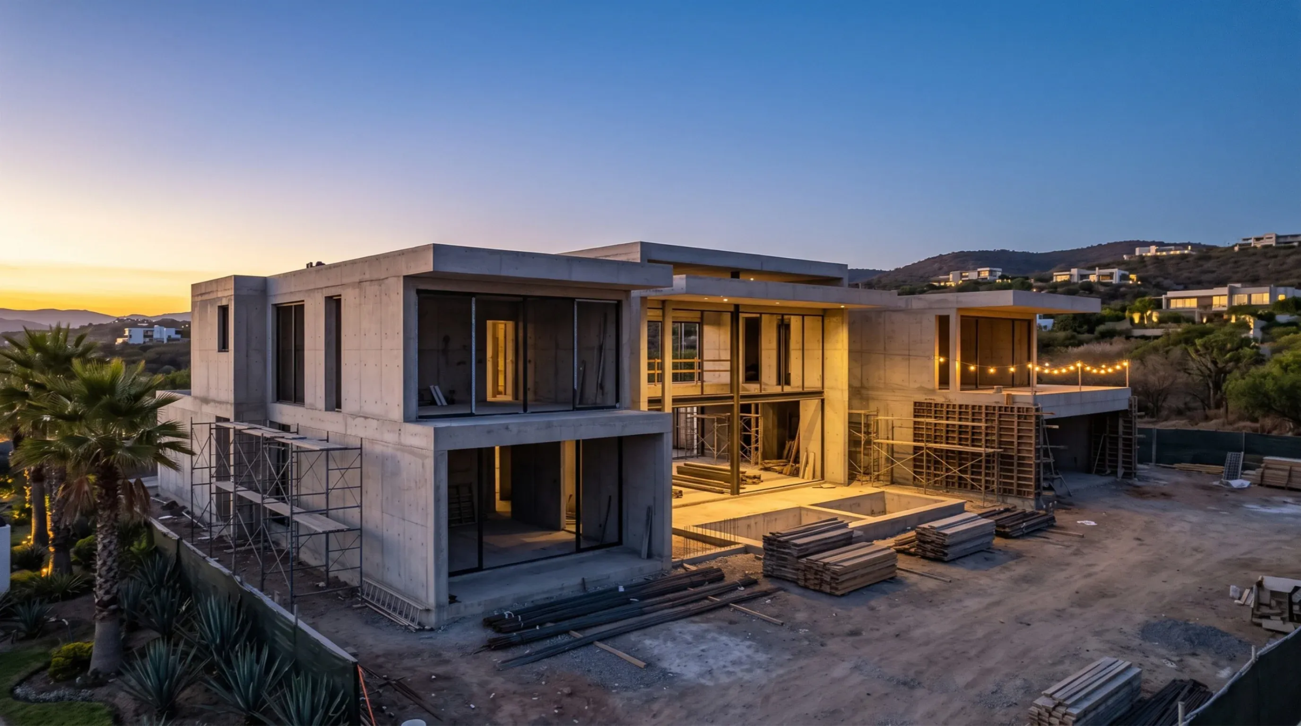 Vista de la evaluación de la envolvente estructural exterior, análisis de la volumetría de concreto colado en sitio y revisión del progreso de la obra al atardecer, destacando la imponente presencia arquitectónica y el avance de RBA Residences en Zapopan.