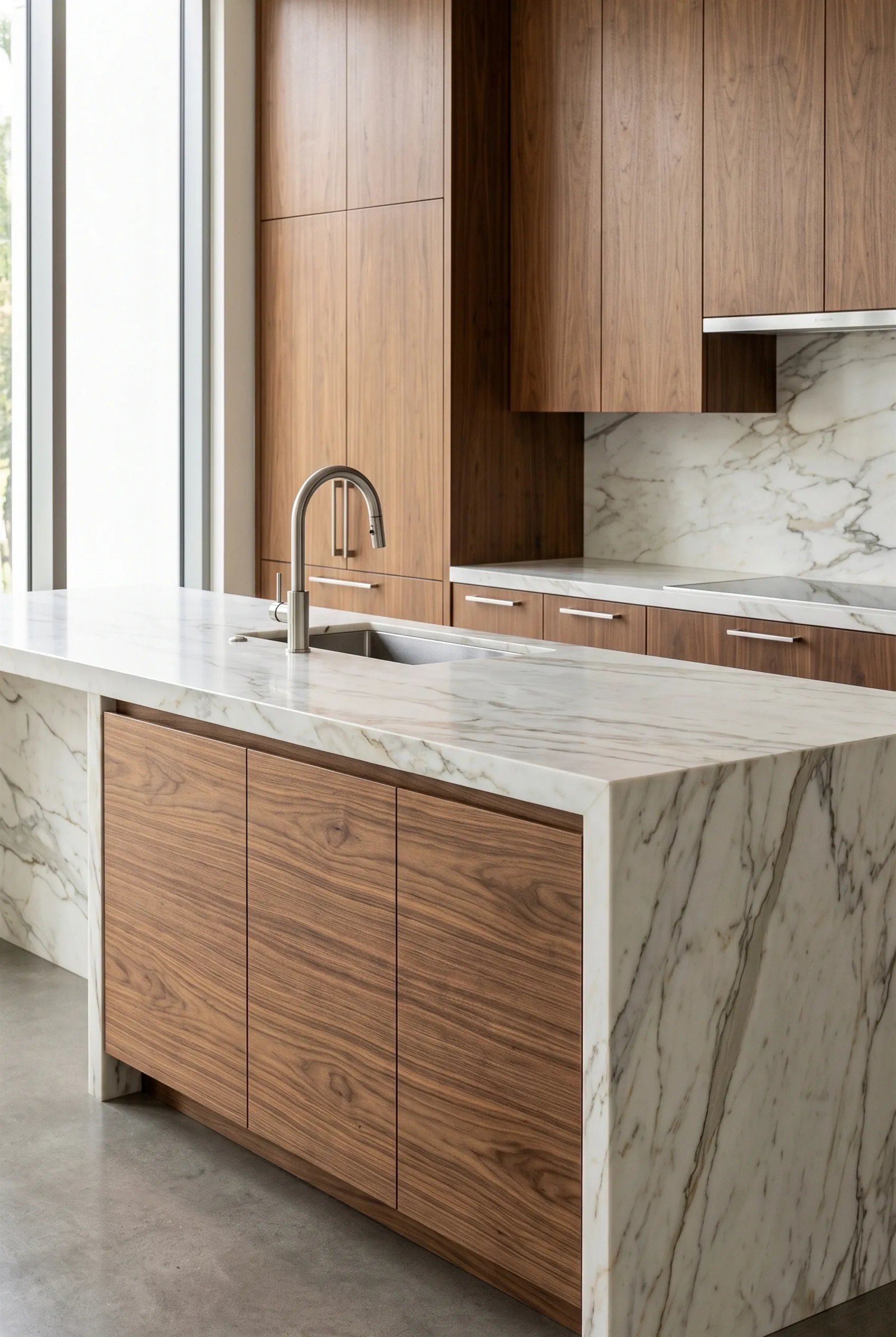 Cocina de lujo moderna con isla de mármol Calacatta con efecto cascada y fregadero empotrado, gabinetes de madera de nogal y respaldo de mármol a juego bajo luz natural suave, centro de diseño de RBA Residences en Zapopan.