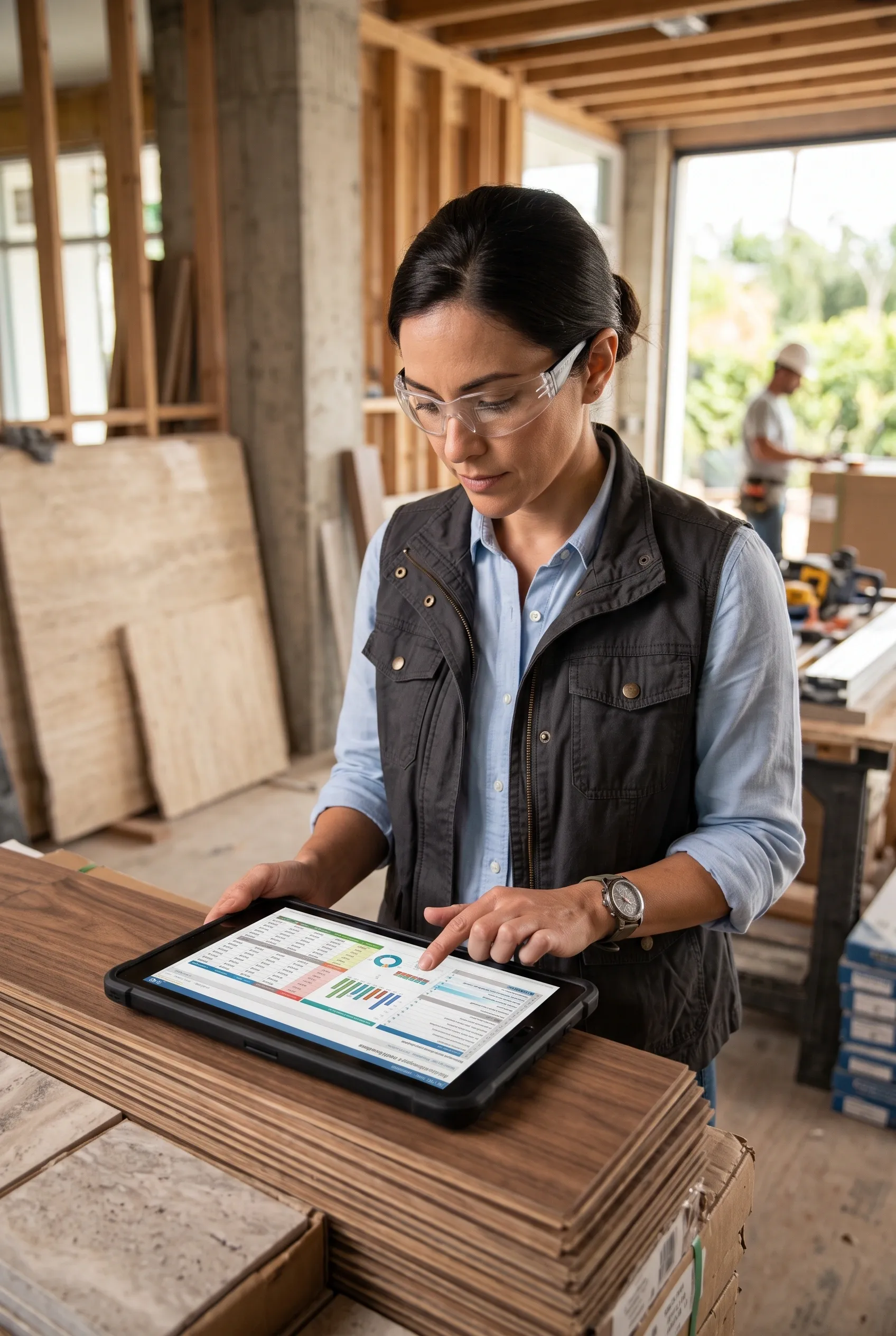 Vista de análisis de construcción digital y datos de inventario en la pantalla de una tableta, descansando sobre tablones de piso de madera apilados, dentro de un sitio activo de construcción con estructura de madera y losas de piedra, logística sincronizada de RBA Residences en Zapopan.