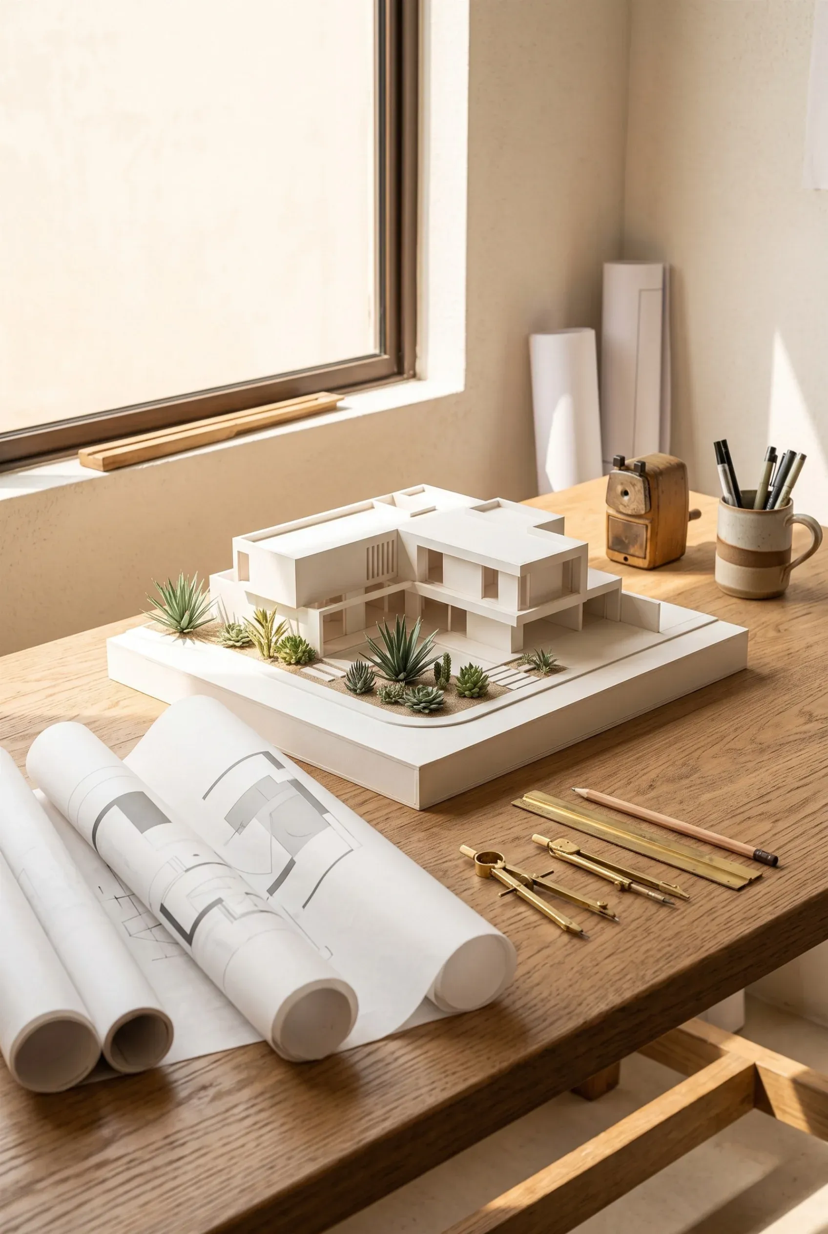 Vista de la revisión de una maqueta física a escala arquitectónica, integración espacial de paisajismo desértico y verificación de alineación de planos esquemáticos, representando la armonía ambiental y la precisión de diseño de RBA Residences en Zapopan.