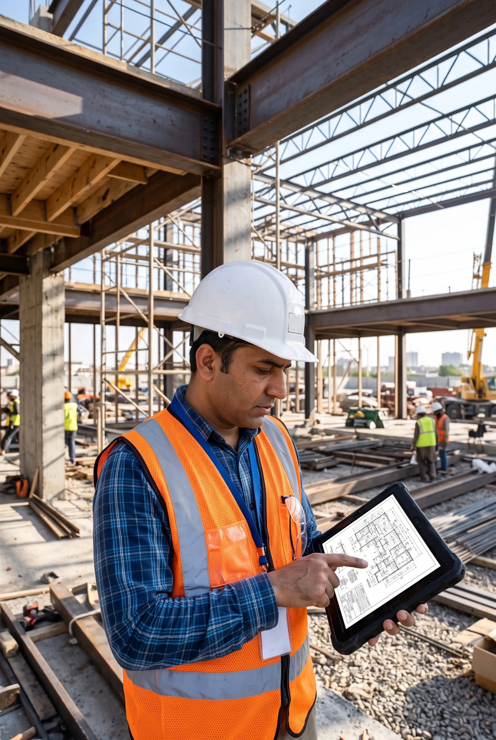 Ingeniero de obra con casco blanco y chaleco de seguridad revisando planos estructurales digitales en una tableta en un sitio de construcción activo con estructura de acero, ingeniería estructural de RBA Residences en Zapopan.