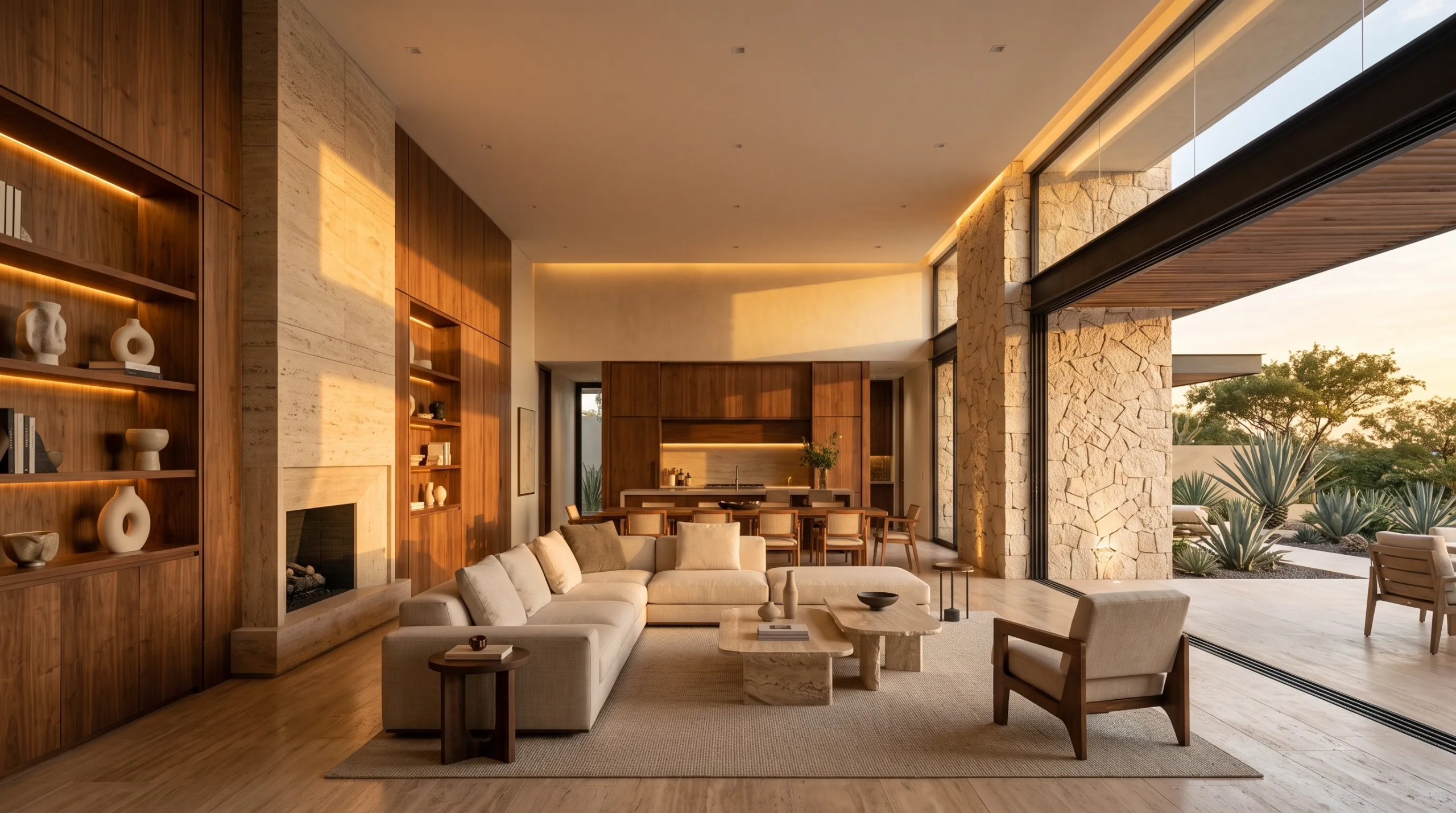 Fotograf&iacute;a arquitect&oacute;nica de residencia de lujo de concepto abierto con ebanister&iacute;a de nogal, iluminaci&oacute;n c&aacute;lida integrada, pilar de chimenea de piedra y puertas corredizas de vidrio que enmarcan un paisaje des&eacute;rtico soleado, dise&ntilde;o biof&iacute;lico de RBA Residences en Zapopan.