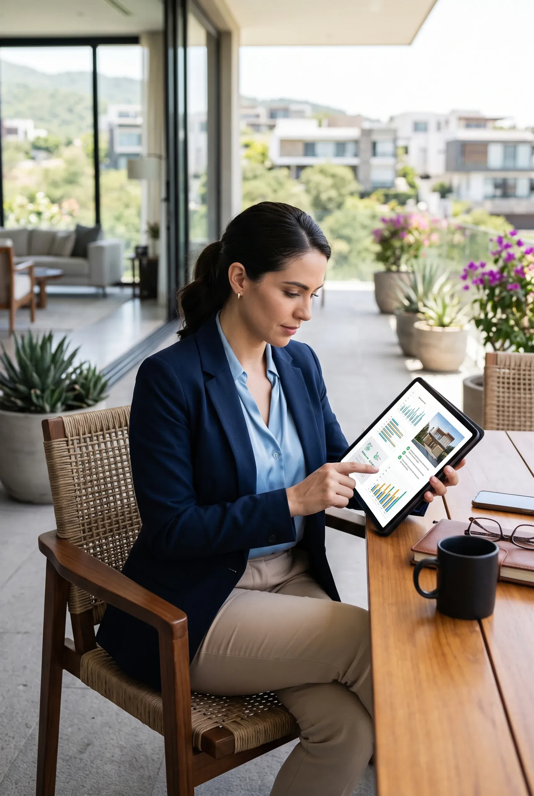 Vista de un profesional de negocios revisando métricas de rendimiento de propiedad en una tableta digital mientras está sentado en una terraza exterior moderna, gestión de activos y estilo de vida de RBA Residences en Zapopan.