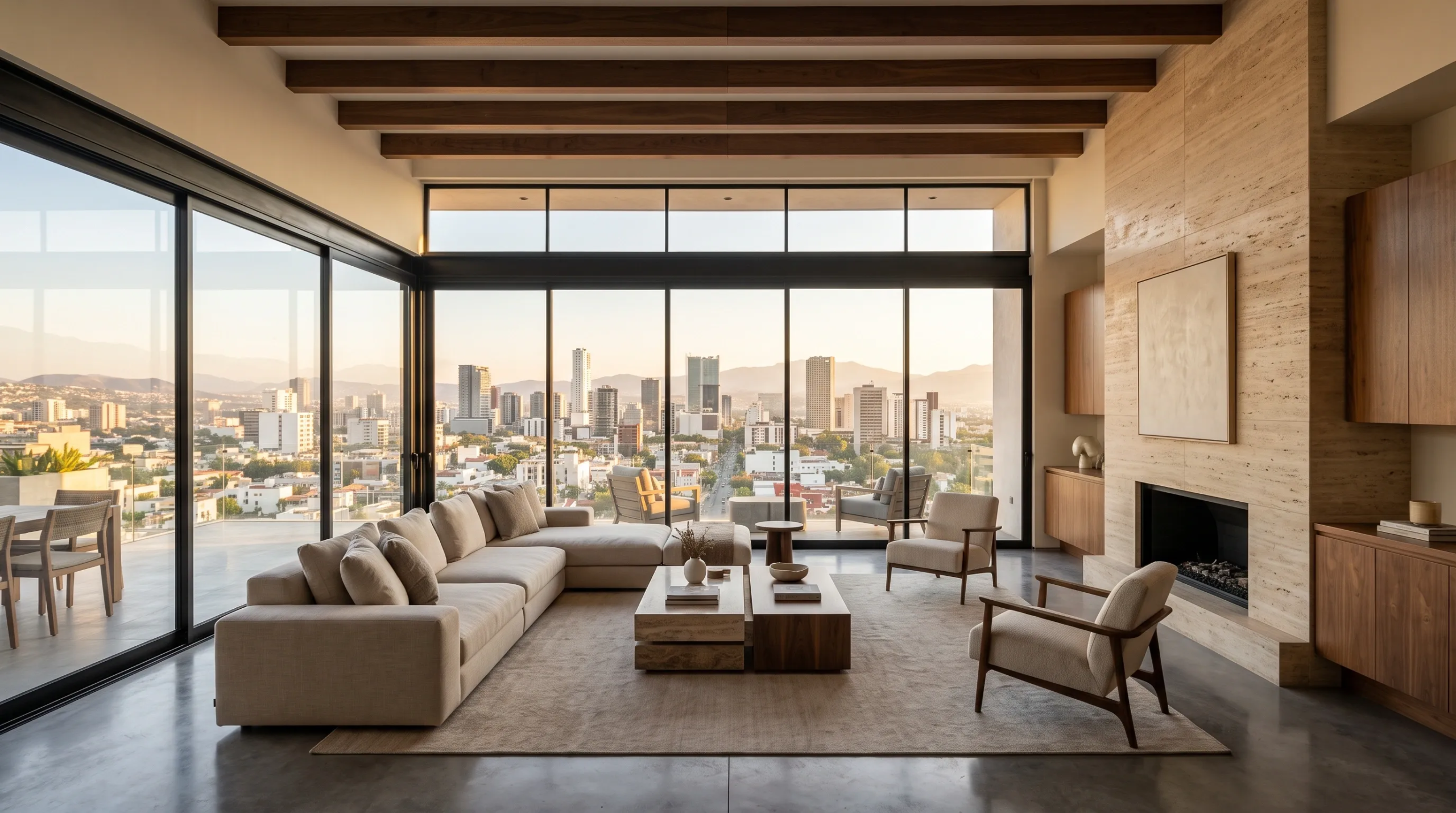 Sala de estar de lujo en penthouse con vigas de techo expuestas, muro de chimenea de travertino, sof&aacute; seccional beige de perfil bajo y amplios ventanales de piso a techo con vistas panor&aacute;micas al horizonte urbano al atardecer, dise&ntilde;o de altura de RBA Residences en Zapopan.