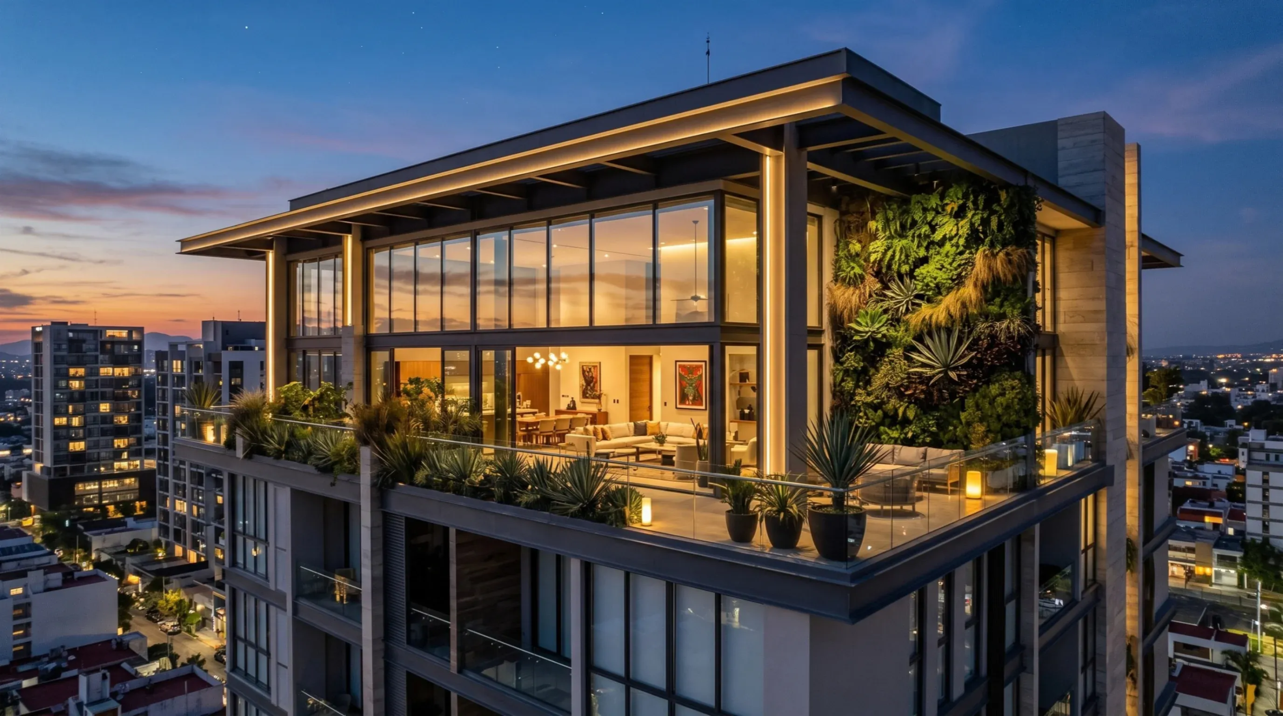 Vista de la fachada arquitectónica de un penthouse de lujo con diseño de iluminación exterior y evaluación de un sistema de muro verde (jardín vertical), representando la integración biófila y el diseño de vanguardia de RBA Residences en Zapopan.