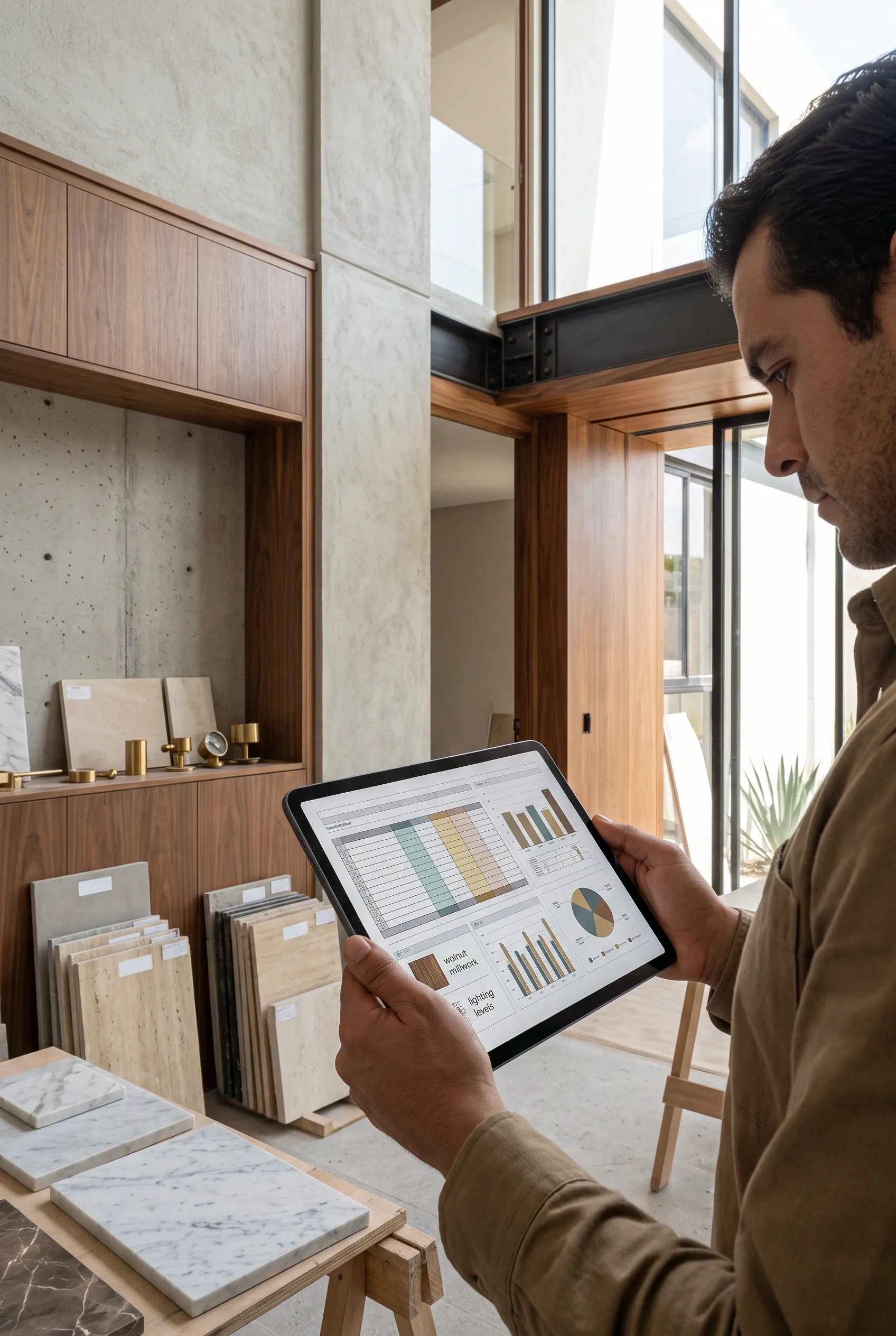 Vista de un diseñador de interiores o arquitecto sosteniendo una tableta con cronogramas de materiales y gráficos de datos en un showroom de alta gama, rodeado de muestras de losetas de piedra organizadas, carpintería cálida de nogal y elementos estructurales de concreto expuesto, especificación de materiales de RBA Residences en Zapopan.