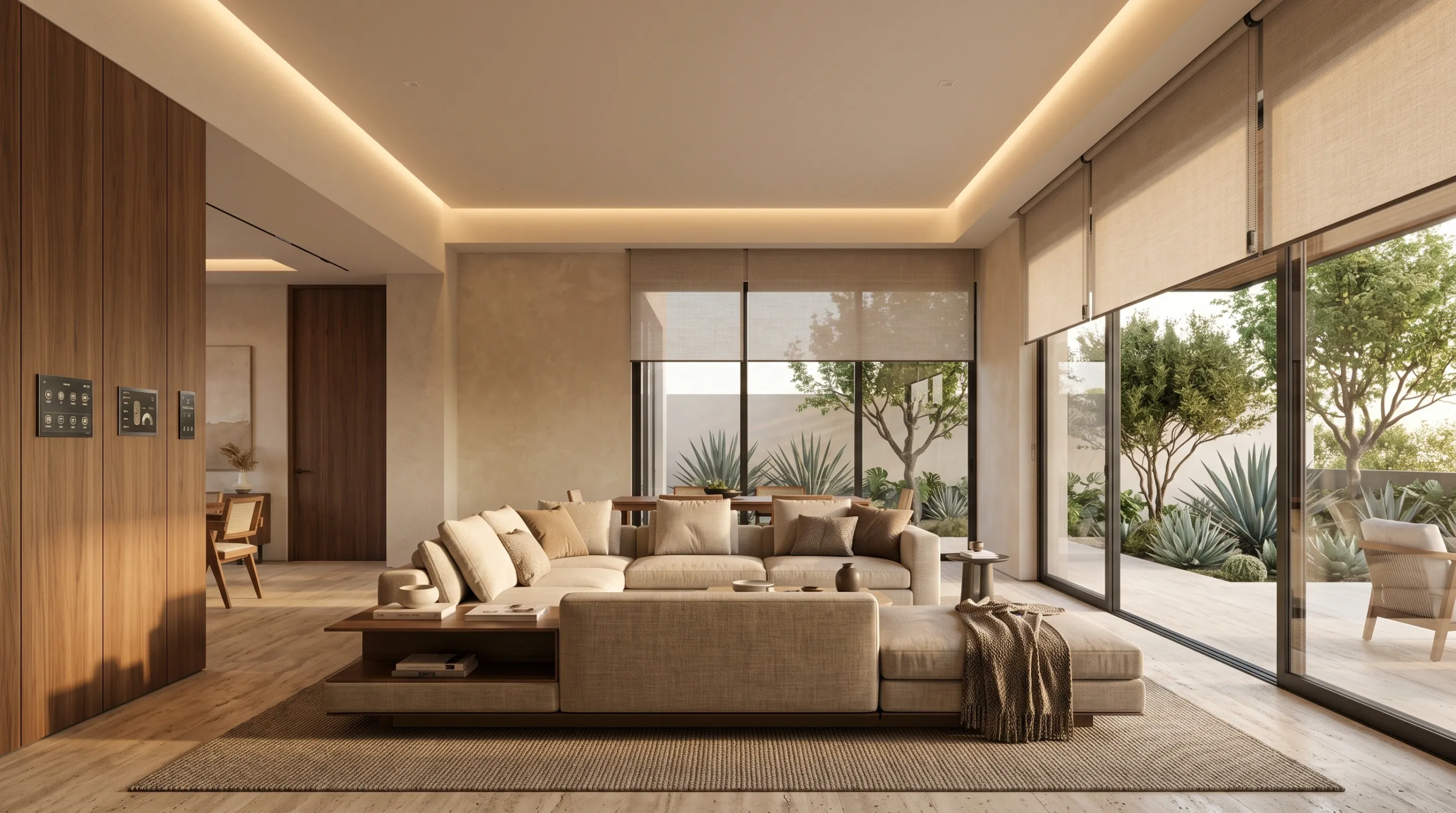 Vista interior de una sala de estar moderna con asientos seccionales modulares, iluminación de plafón empotrada, paneles de madera rica con pantallas táctiles de domótica y puertas corredizas de vidrio de piso a techo que abren a un patio con vegetación desértica, integración tecnológica de RBA Residences en Zapopan.