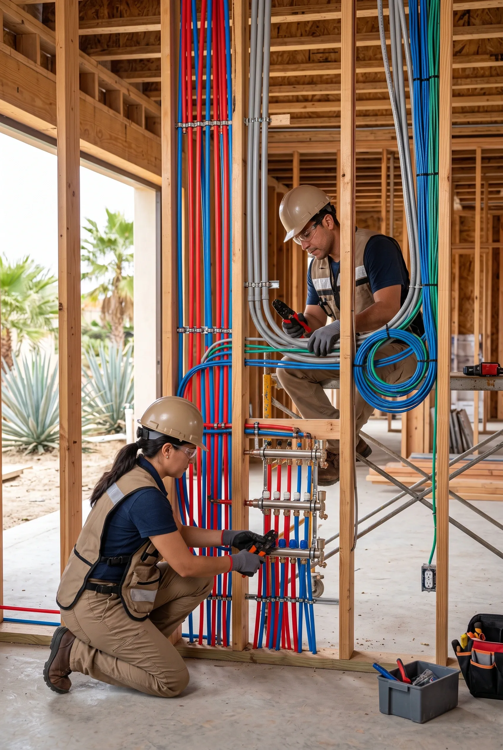 Vista de instalación en obra gris de sistemas mecánicos, eléctricos y de fontanería (MEP) dentro de una estructura de montantes de madera expuestos, mostrando tuberías PEX codificadas por color, conductos eléctricos agrupados y cableado de bajo voltaje, con paisajismo desértico visible más allá de un muro perimetral abierto, infraestructura inteligente de RBA Residences en Zapopan.