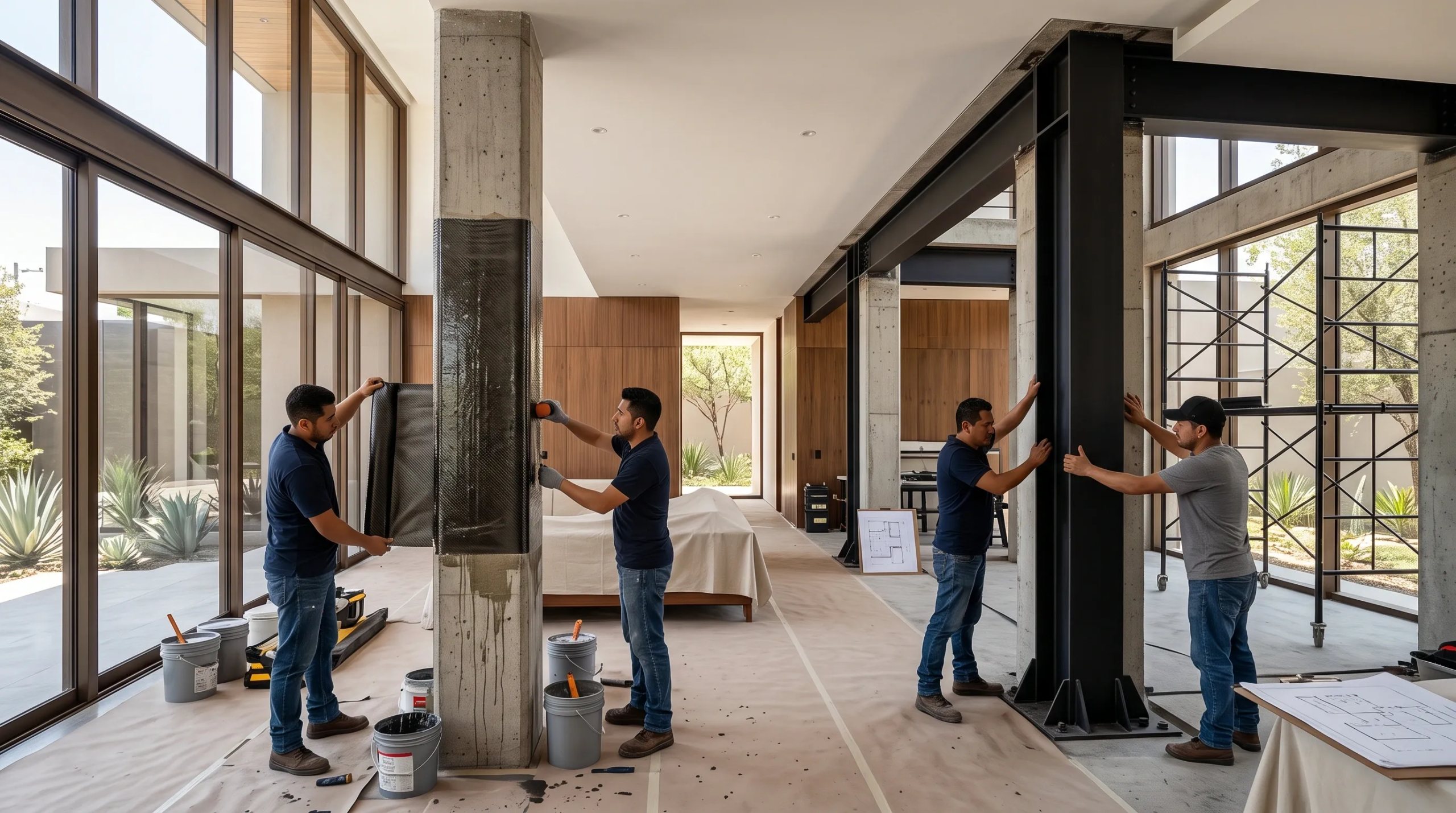 View of structural reinforcement work on a concrete column next to a steel beam framework inside a spacious, luxury residential interior, surrounded by floor-to-ceiling glass walls, scaffolding, floor protection, and modern wood paneling—an example of advanced engineering by RBA Residences in Zapopan.