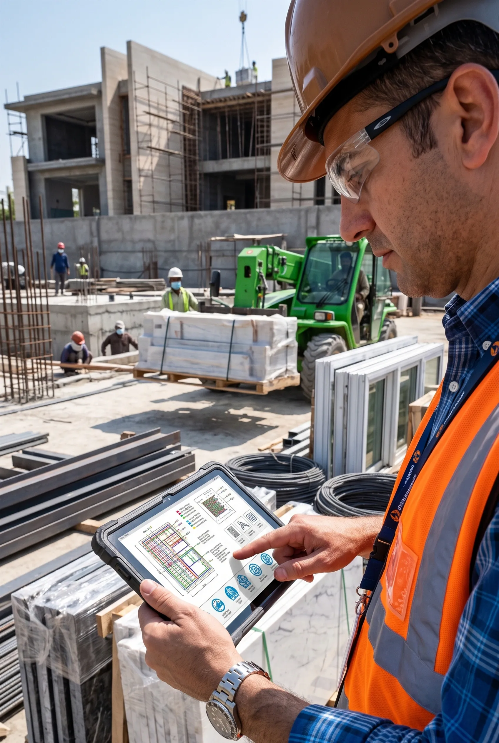 Director de obra usando una tableta resistente para verificar esquemas BIM en un sitio de construcci&oacute;n residencial activo con maquinaria pesada al fondo, validaci&oacute;n digital en campo de RBA Residences en Zapopan.