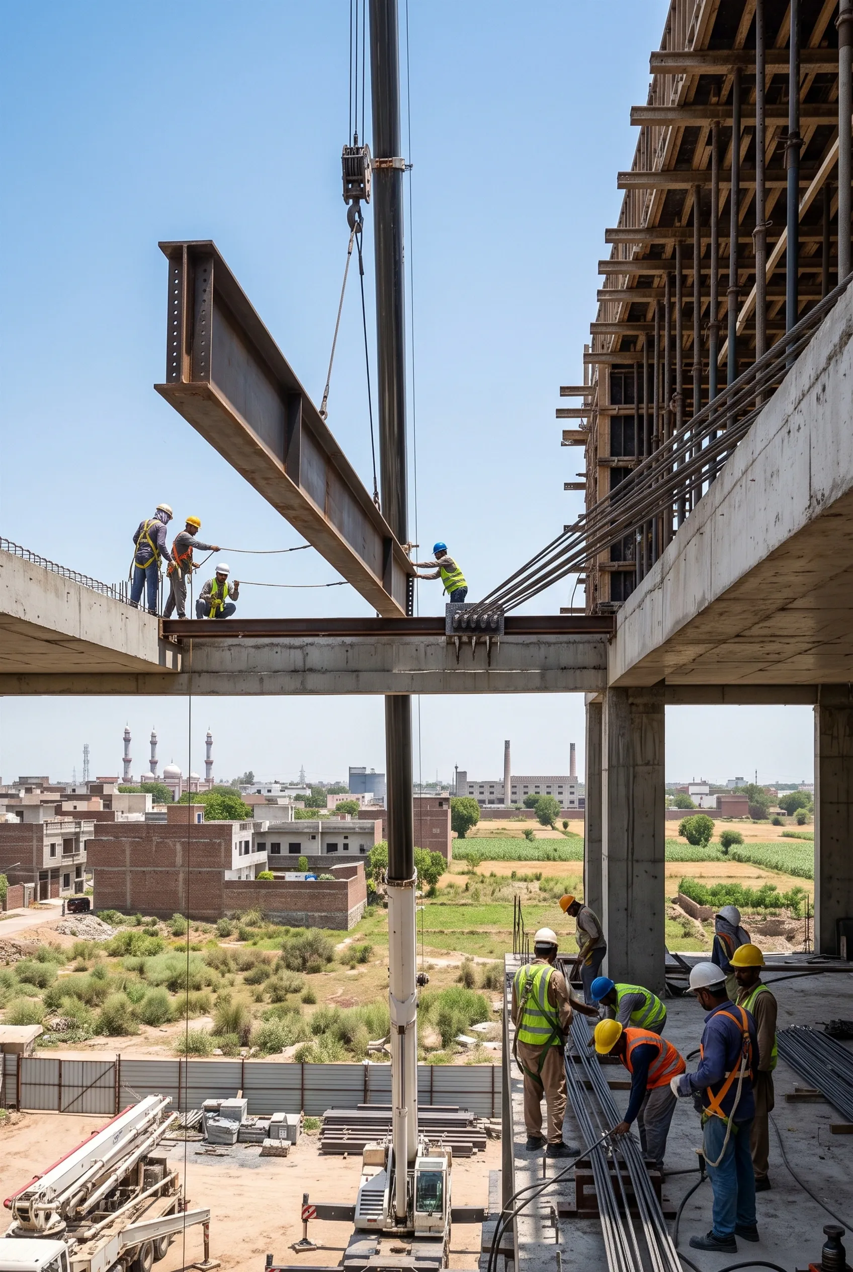 Trabajadores de construcci&oacute;n guiando una pesada viga de acero tipo I bajada por gr&uacute;a sobre un marco estructural de concreto, ingenier&iacute;a estructural de alta precisi&oacute;n de RBA Residences en Zapopan.