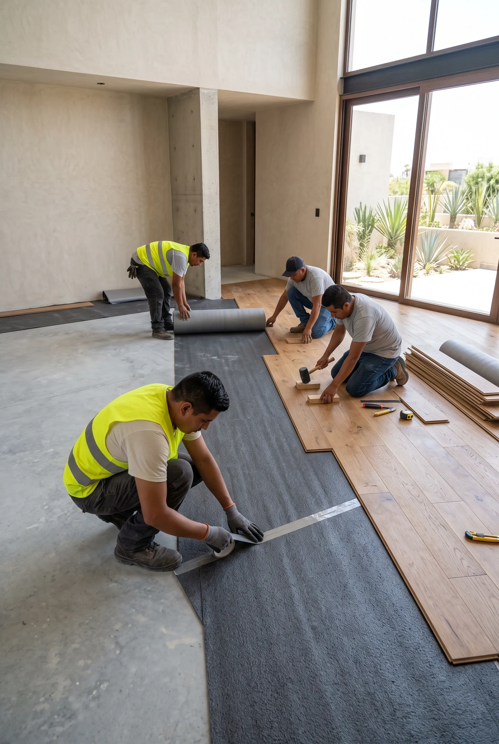 Equipo de construcci&oacute;n instalando espuma de aislamiento ac&uacute;stico y pisos de roble de ingenier&iacute;a dentro de una residencia moderna en construcci&oacute;n, confort ac&uacute;stico de RBA Residences en Zapopan.
