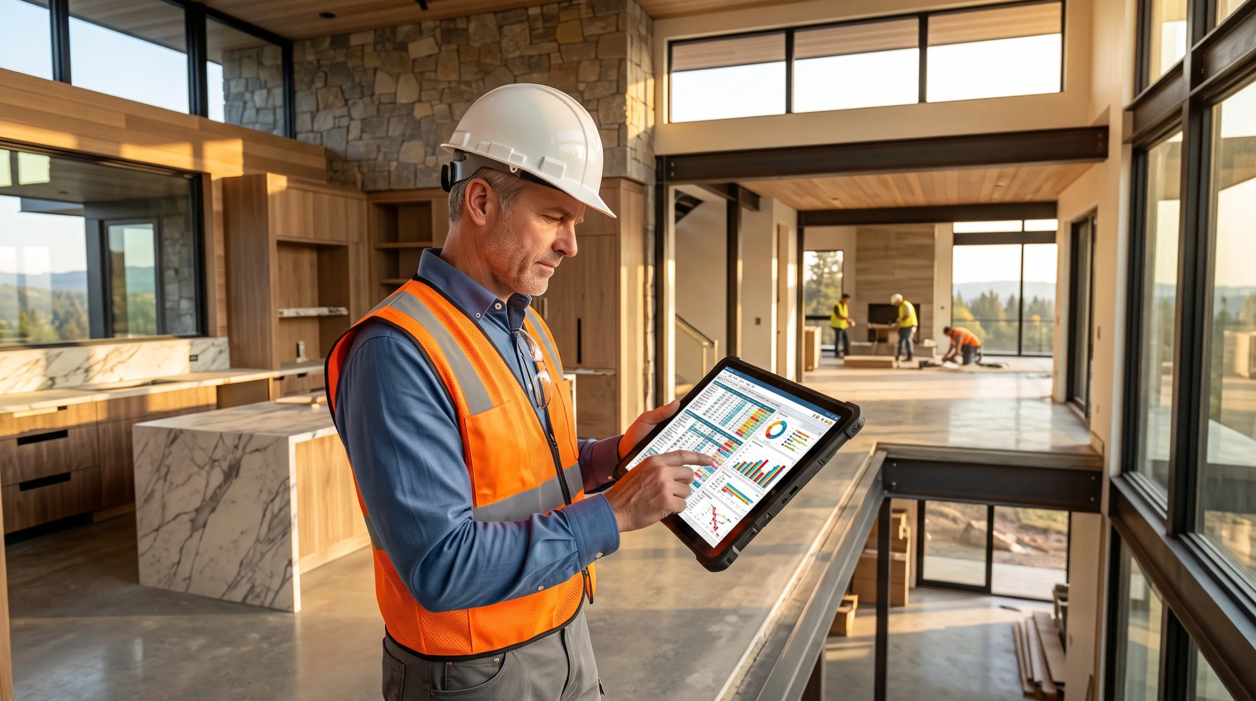 Supervisor de obra con casco blanco y chaleco naranja de alta visibilidad analizando datos de gestión en una tableta, de pie en un mezzanine elevado dentro de una residencia de lujo moderna en construcción con encimeras de mármol, muros de piedra natural, paneles de madera y ventanales con vista a la montaña bajo luz dorada, control de acabados de RBA Residences en Zapopan.