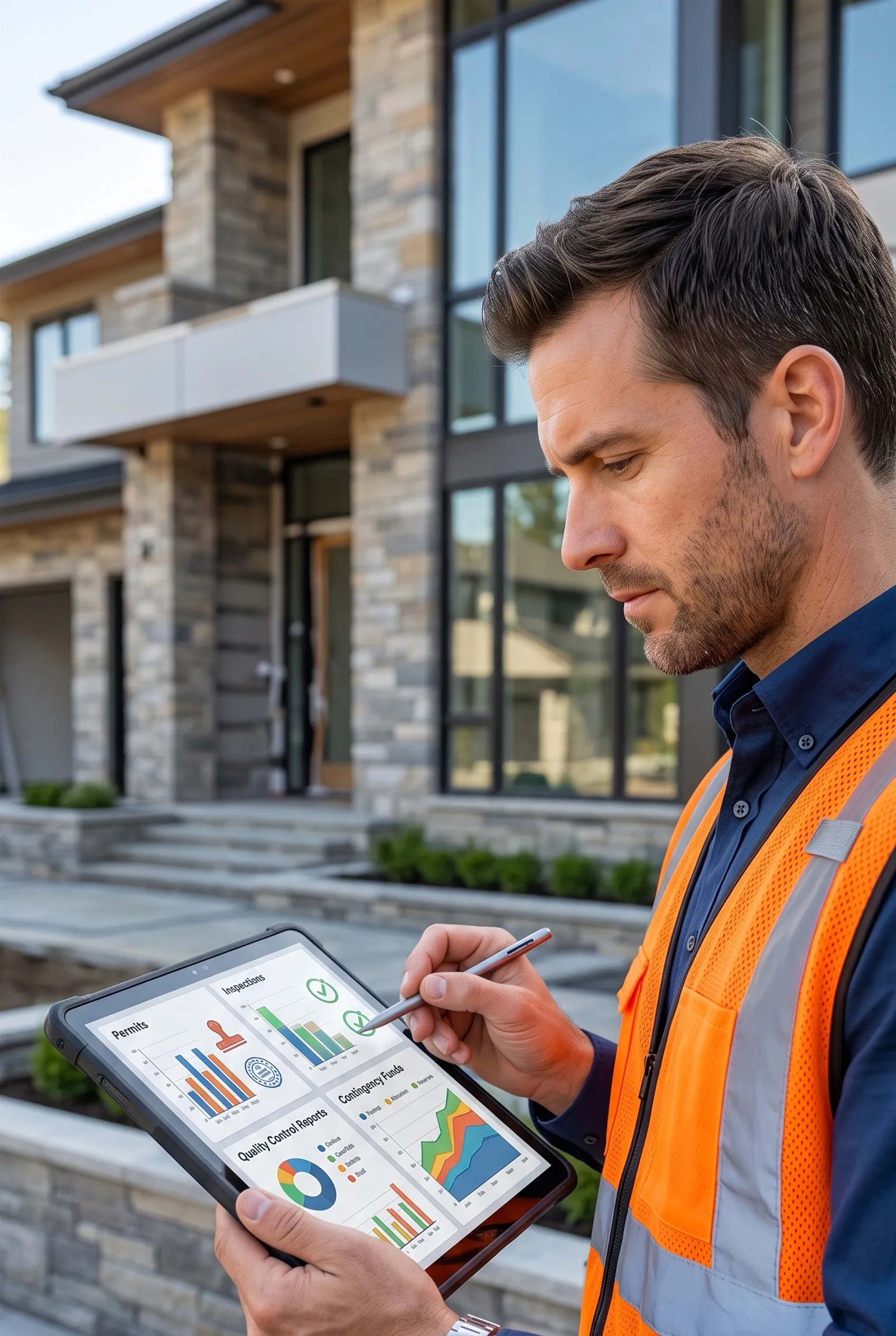 Inspector de obra con tableta digital y lápiz óptico revisando métricas del proyecto frente a una casa moderna de lujo con fachada de piedra apilada, validación de fachadas de RBA Residences en Zapopan.