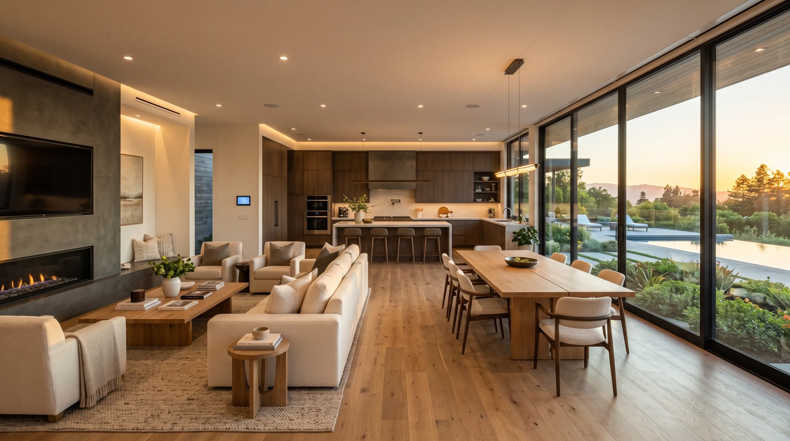 Espacio de estar de concepto abierto de ultra lujo con chimenea lineal, pisos de madera cálida, amplia área de comedor y puertas de vidrio de piso a techo que muestran una terraza con alberca al atardecer, arquitectura social de RBA Residences en Zapopan.