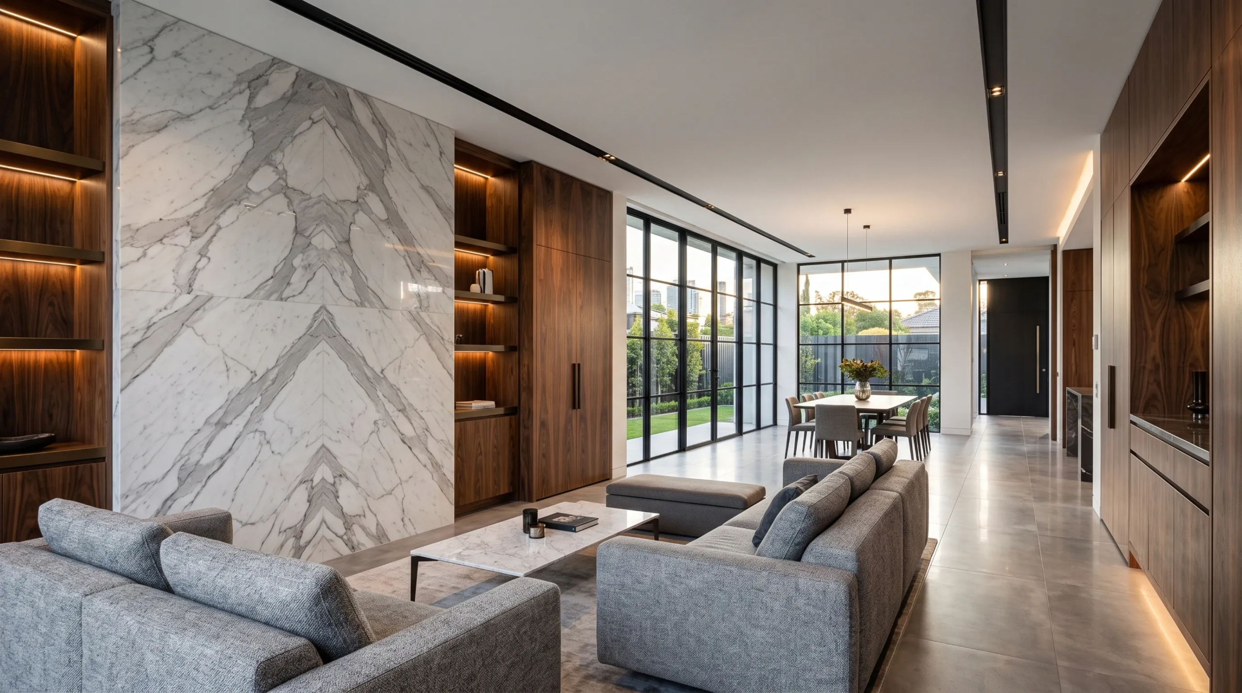 Interior de concepto abierto moderno con muro de mármol Calacatta a libro, ebanistería de nogal con iluminación ambiental, sofás grises y ventanales de piso a techo con cuadrícula de acero negro hacia un jardín privado, contraste arquitectónico de RBA Residences en Zapopan.