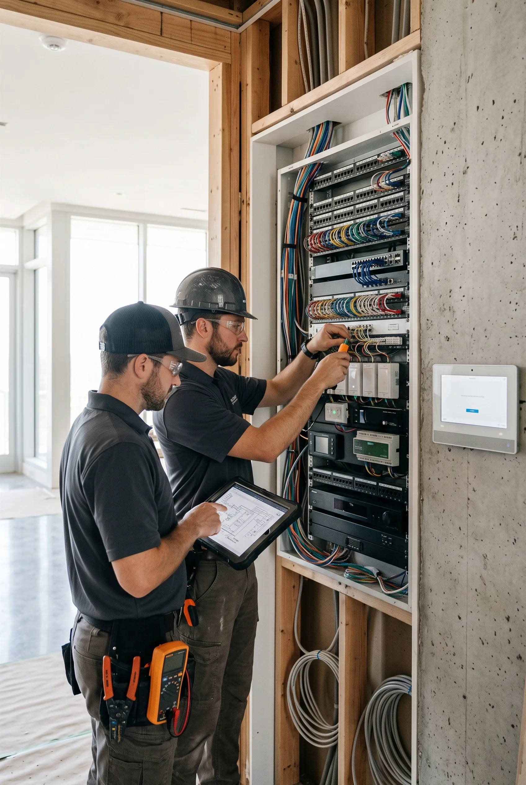 Dos técnicos cableando un panel eléctrico de domótica durante la construcción residencial, infraestructura de automatización de RBA Residences en Zapopan.