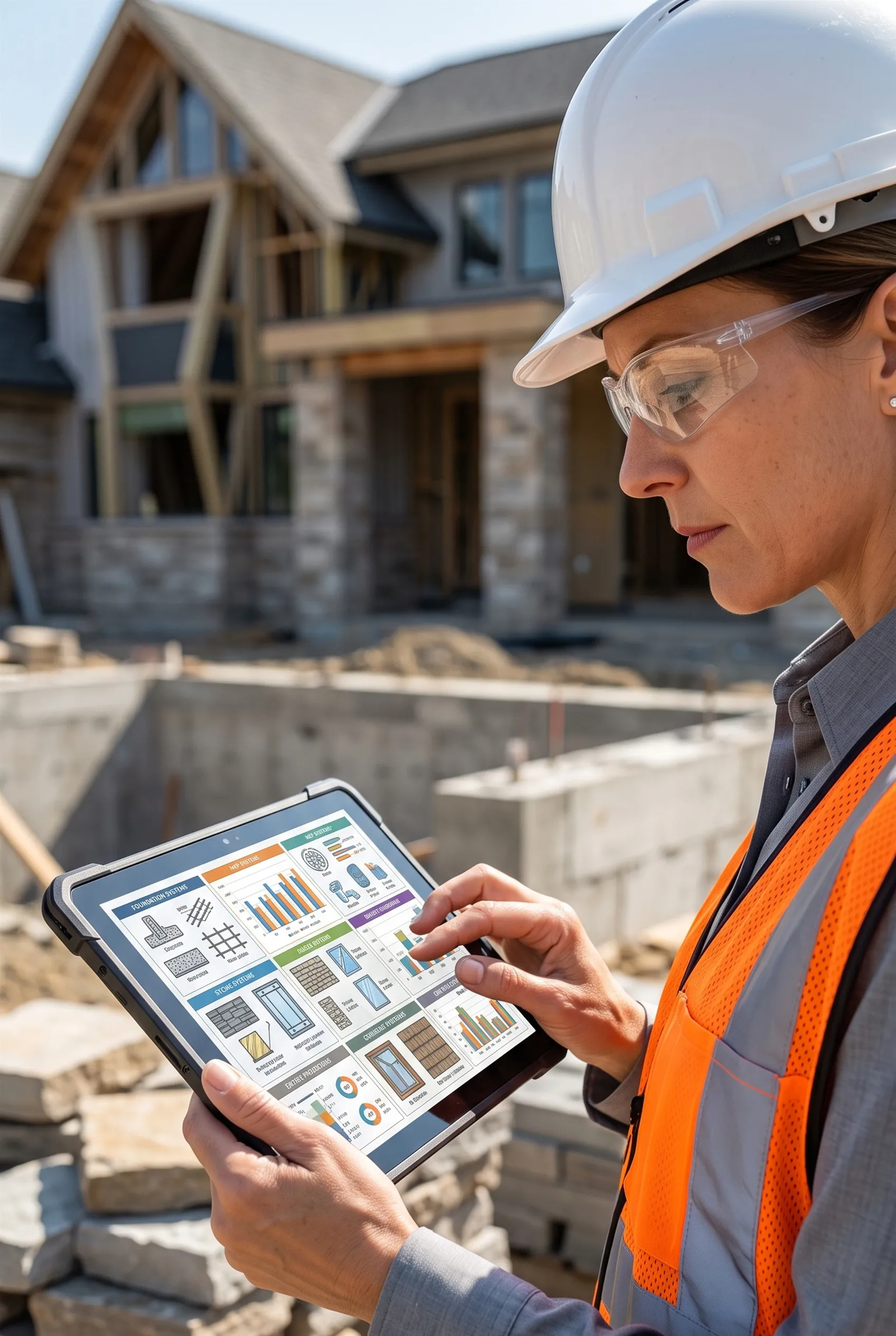 Ingeniero civil con equipo de protección personal (EPP) inspeccionando materiales de construcción y esquemas del proyecto en una tableta digital resistente en un sitio activo de construcción residencial, control de calidad de RBA Residences en Zapopan.