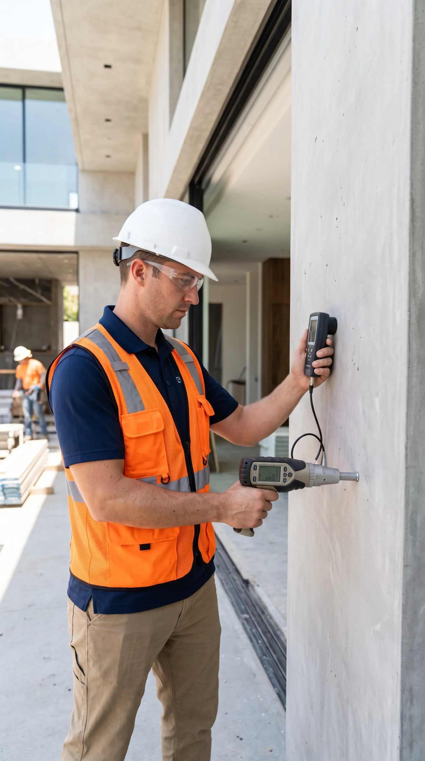 Técnico de control de calidad con casco y chaleco de seguridad probando la resistencia a la compresión del concreto con un martillo de rebote en un sitio de construcción de villa moderna de lujo, garantía de calidad de RBA Residences en Zapopan.