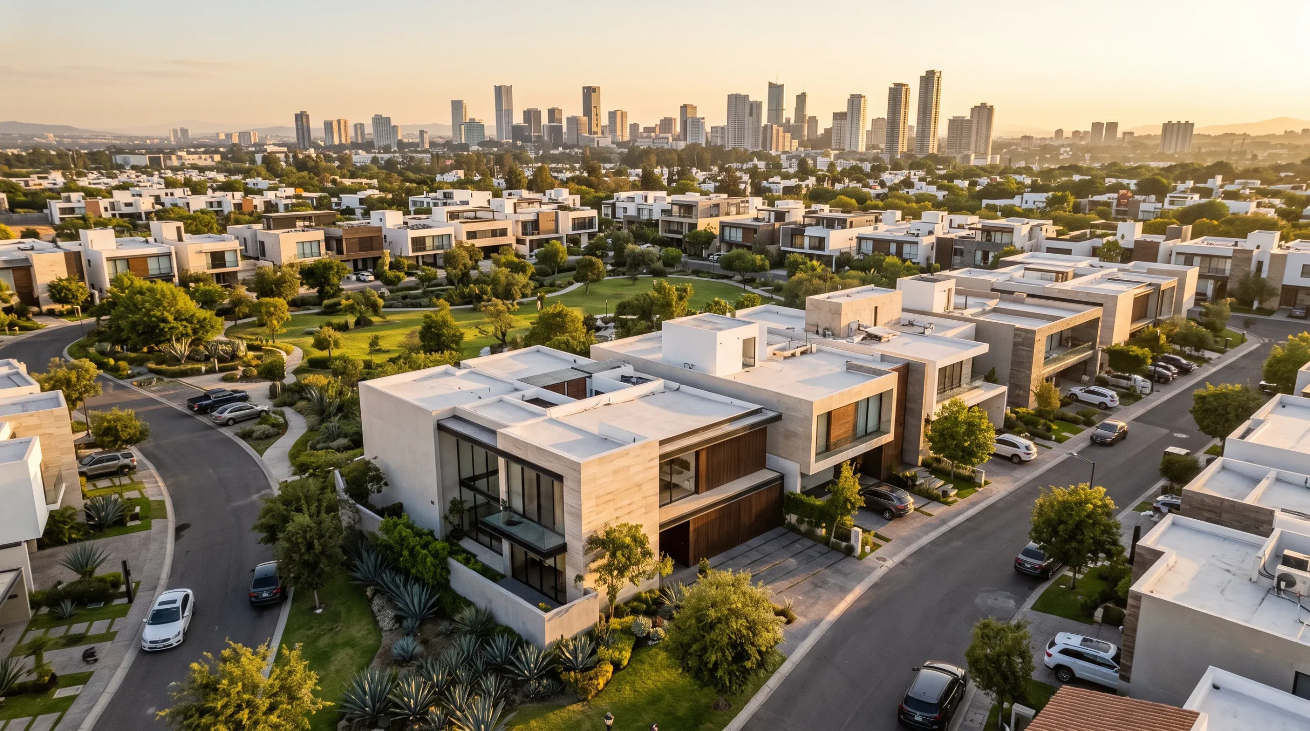 Vista aérea elevada de una expansiva comunidad residencial planificada de lujo bañada en la luz dorada del atardecer, con villas modernas de techo plano, fachadas de piedra caliza, paneles de nogal y vidrio de piso a techo, interconectadas por calles curvas y parques verdes, con el horizonte urbano a lo lejos, visión maestra de RBA Residences en Zapopan.