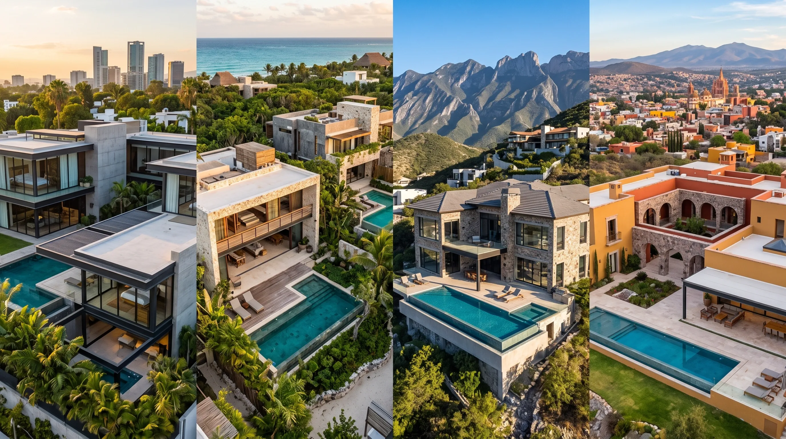 Vista dividida de cuatro paneles mostrando desarrollos residenciales de lujo en entornos distintos: villas urbanas modernas con horizonte urbano, residencias costeras frente al mar con albercas infinitas, mansiones dramáticas en laderas montañosas y haciendas de lujo de inspiración colonial española, versatilidad arquitectónica de RBA Residences en Zapopan.