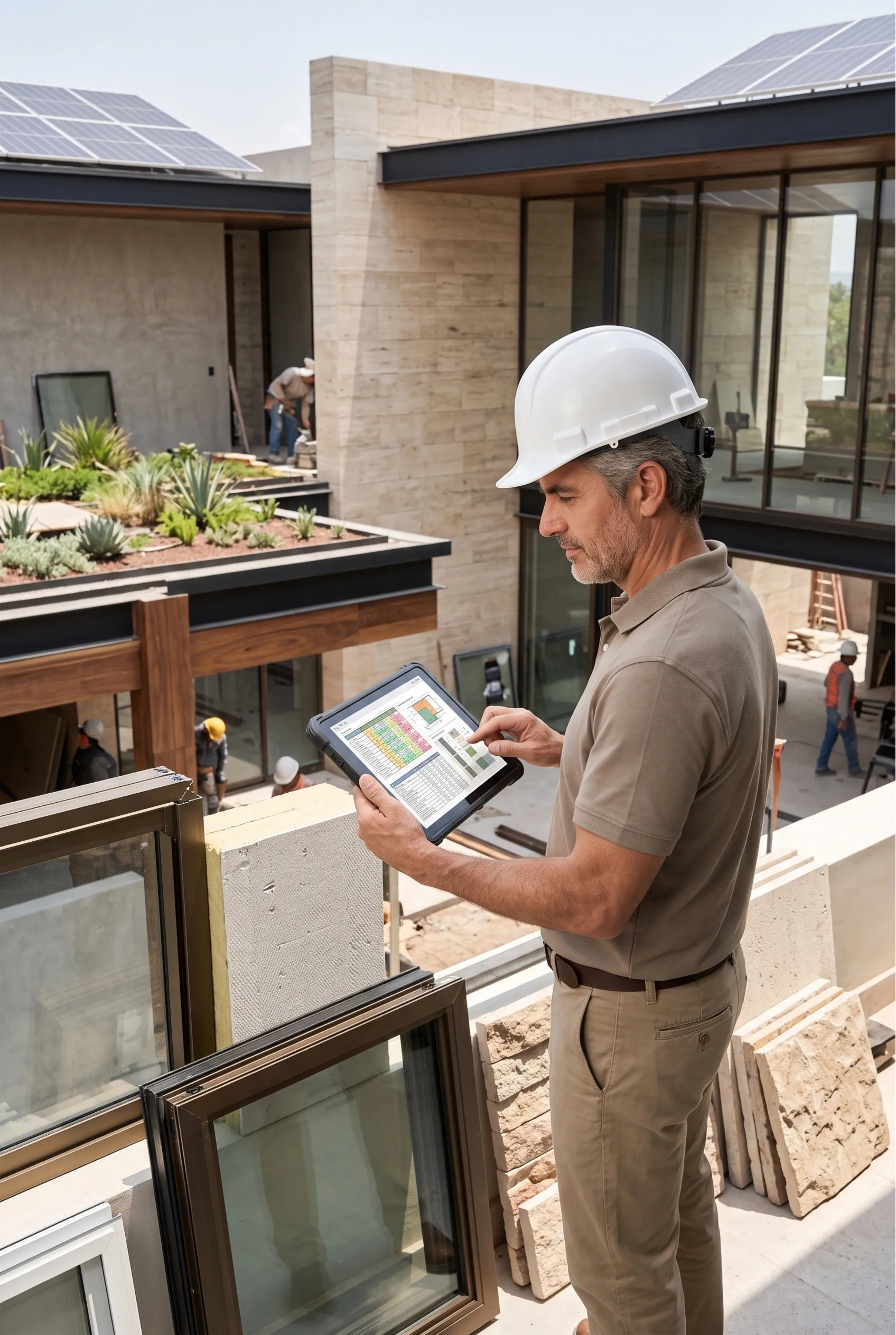 Vista de inspecci&oacute;n de obra con datos de gesti&oacute;n en pantalla de tableta digital, marcos de ventana, losetas de travertino apiladas, paisajismo verde en azotea, paneles solares, estructuras de vigas de acero y muros exteriores de yeso liso, supervisi&oacute;n sustentable de RBA Residences en Zapopan.