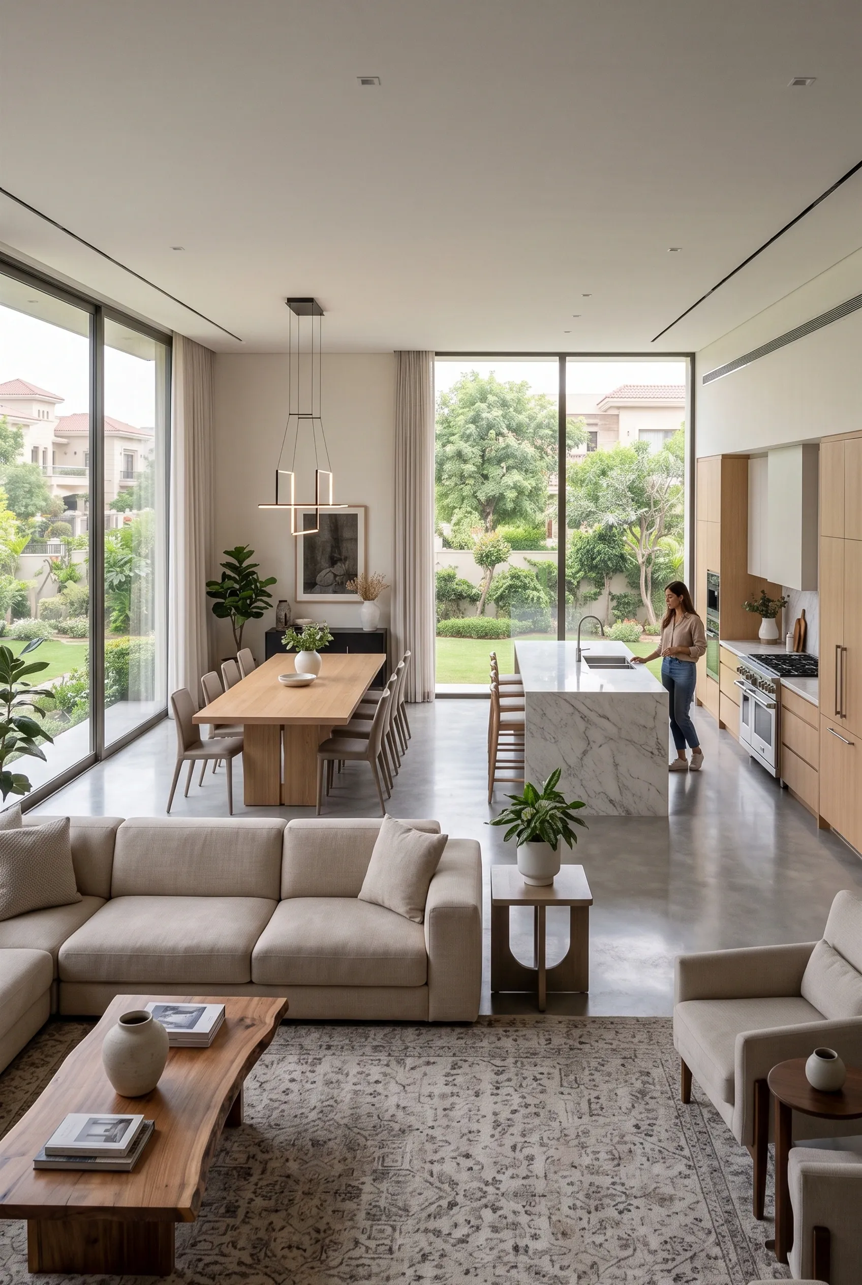 Espacio de estar luminoso de concepto abierto que integra una isla de cocina de mármol, mesa de comedor de madera y sofá seccional beige frente a puertas de vidrio de altura completa, diseño integrado de RBA Residences en Zapopan.