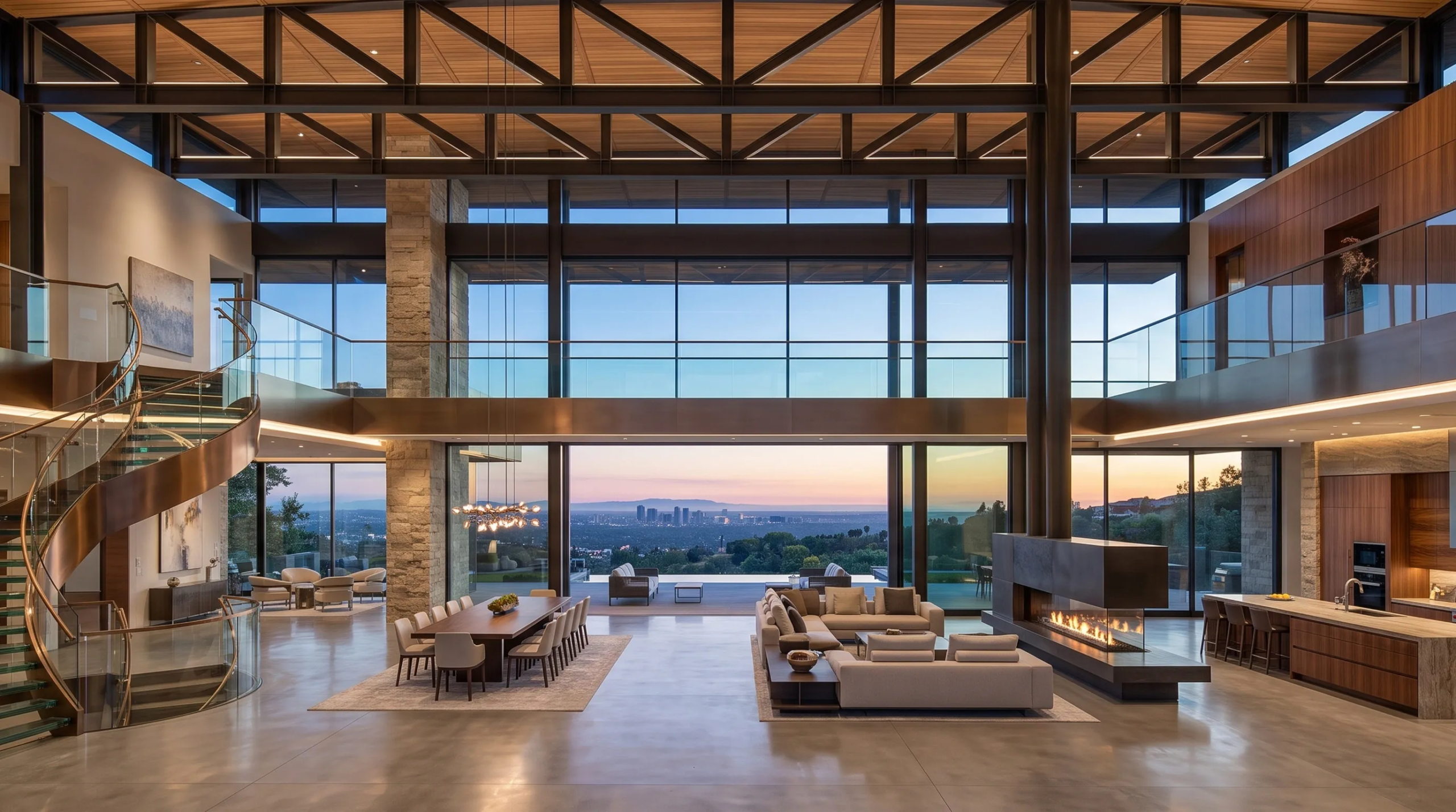 Pabell&oacute;n de lujo de doble altura con cerchas de acero oscuro expuestas, escalera curva de vidrio, chimenea lineal de doble cara y muros de vidrio panor&aacute;micos con vista al horizonte al atardecer, arquitectura monumental de RBA Residences en Zapopan.