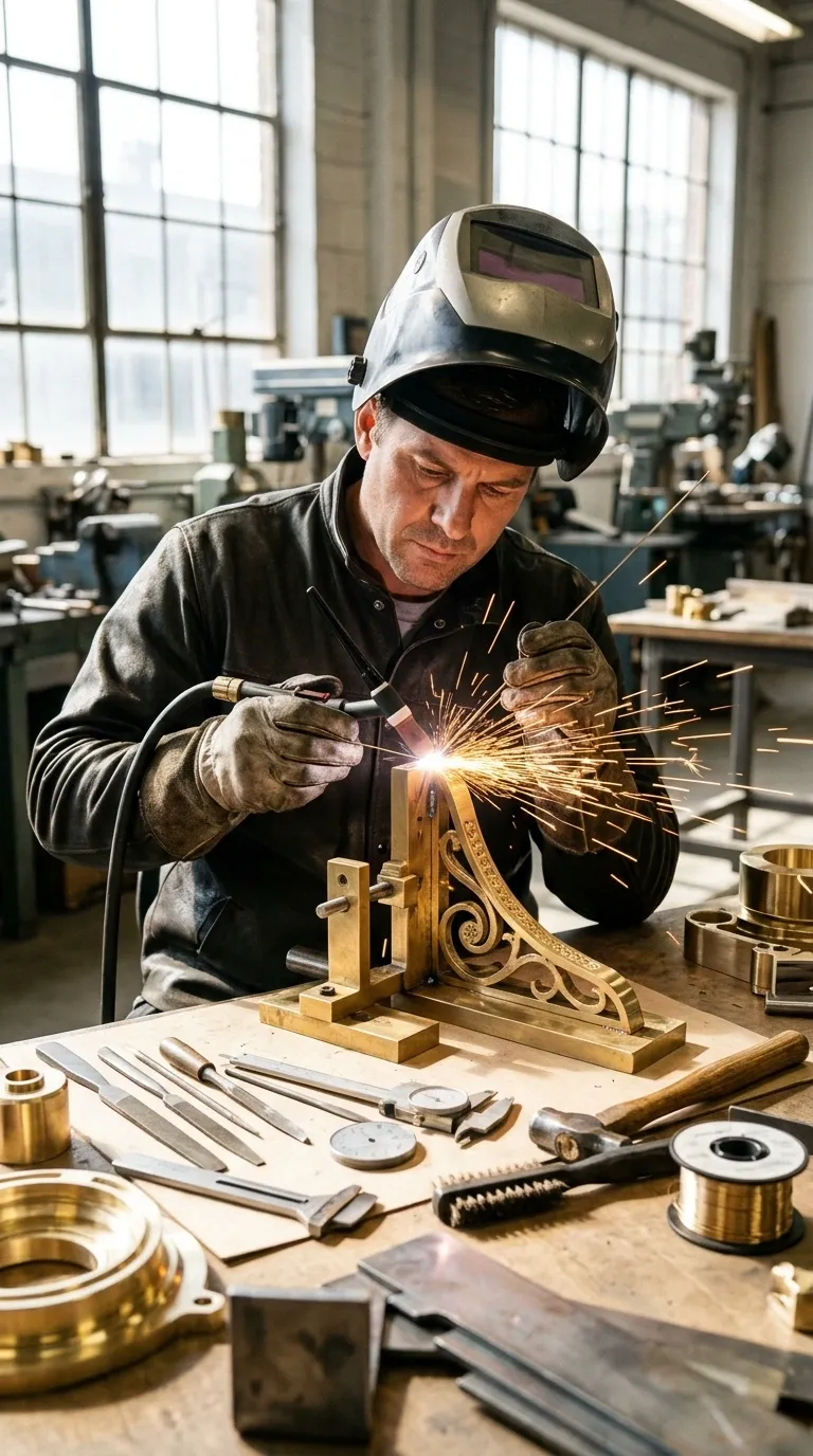 Artesano metal&uacute;rgico soldando con precisi&oacute;n herrajes arquitect&oacute;nicos ornamentales de lat&oacute;n personalizados en un banco de trabajo con herramientas y calibradores dentro de un taller de fabricaci&oacute;n industrial, detalles a medida de RBA Residences en Zapopan.