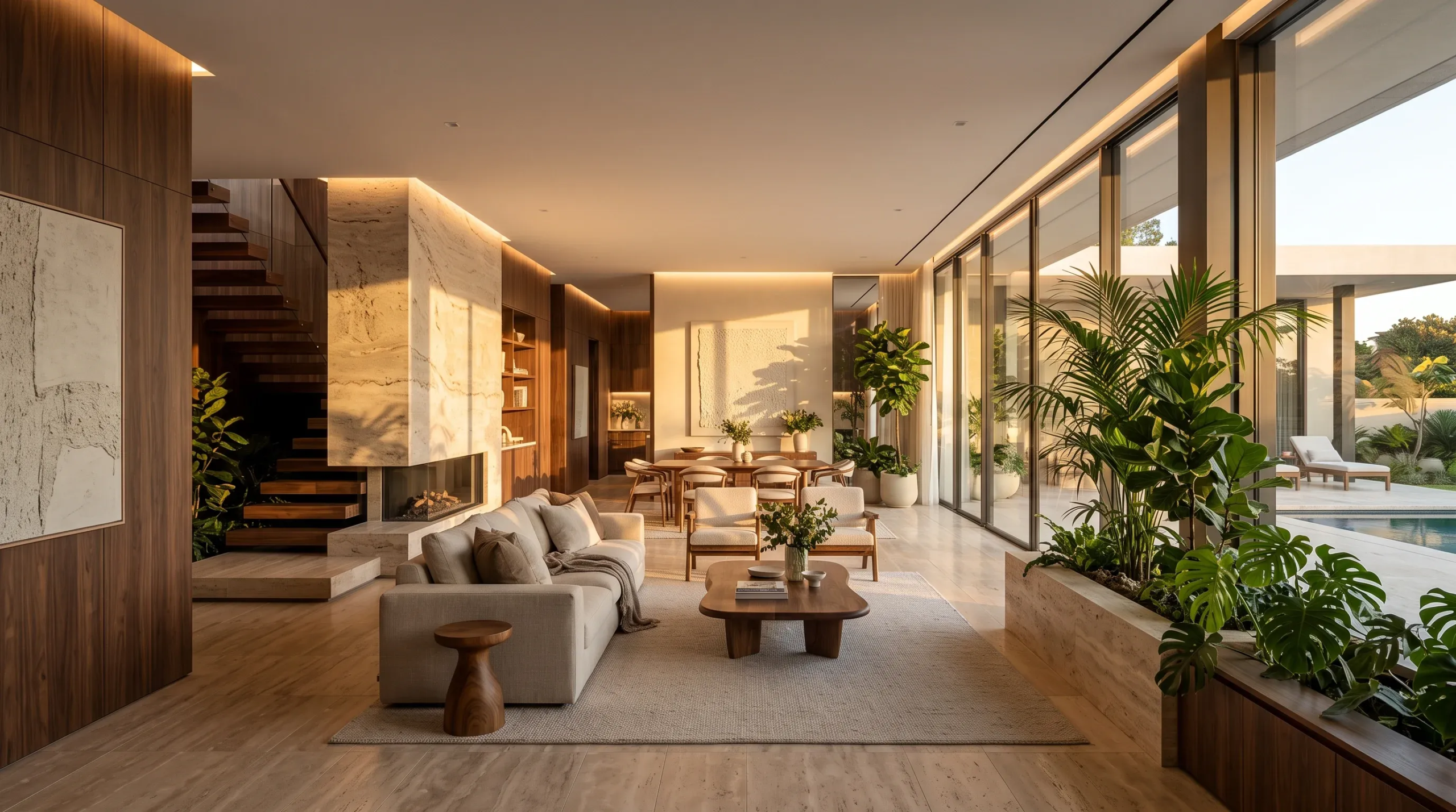 Vista de una evaluación del flujo espacial interior de plano abierto, revisión de la transición interior-exterior e integración de iluminación ambiental arquitectónica, representando la armonía espacial y el diseño fluido de RBA Residences en Zapopan.