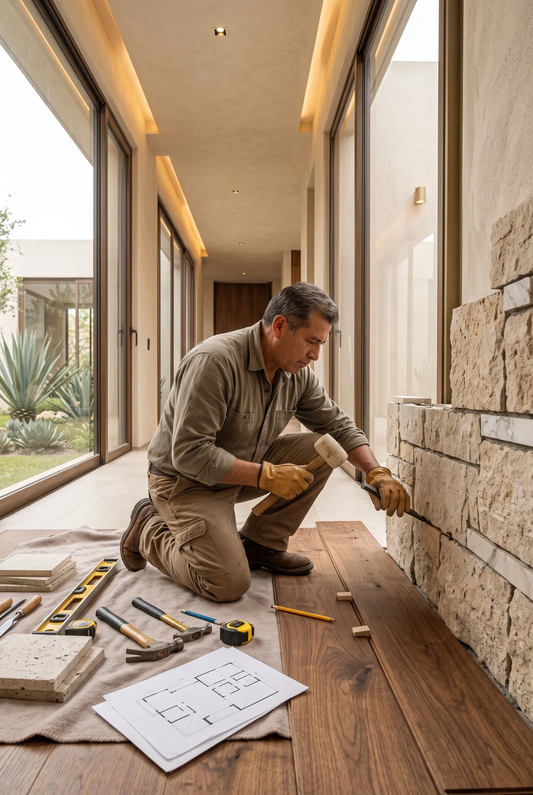 Vista de un cantero utilizando un mazo y cincel para terminar a mano un muro de acento de piedra rústica a lo largo de un pasillo de madera noble, bordeado por correderas de vidrio de piso a techo, artesanía en mampostería de RBA Residences en Zapopan.