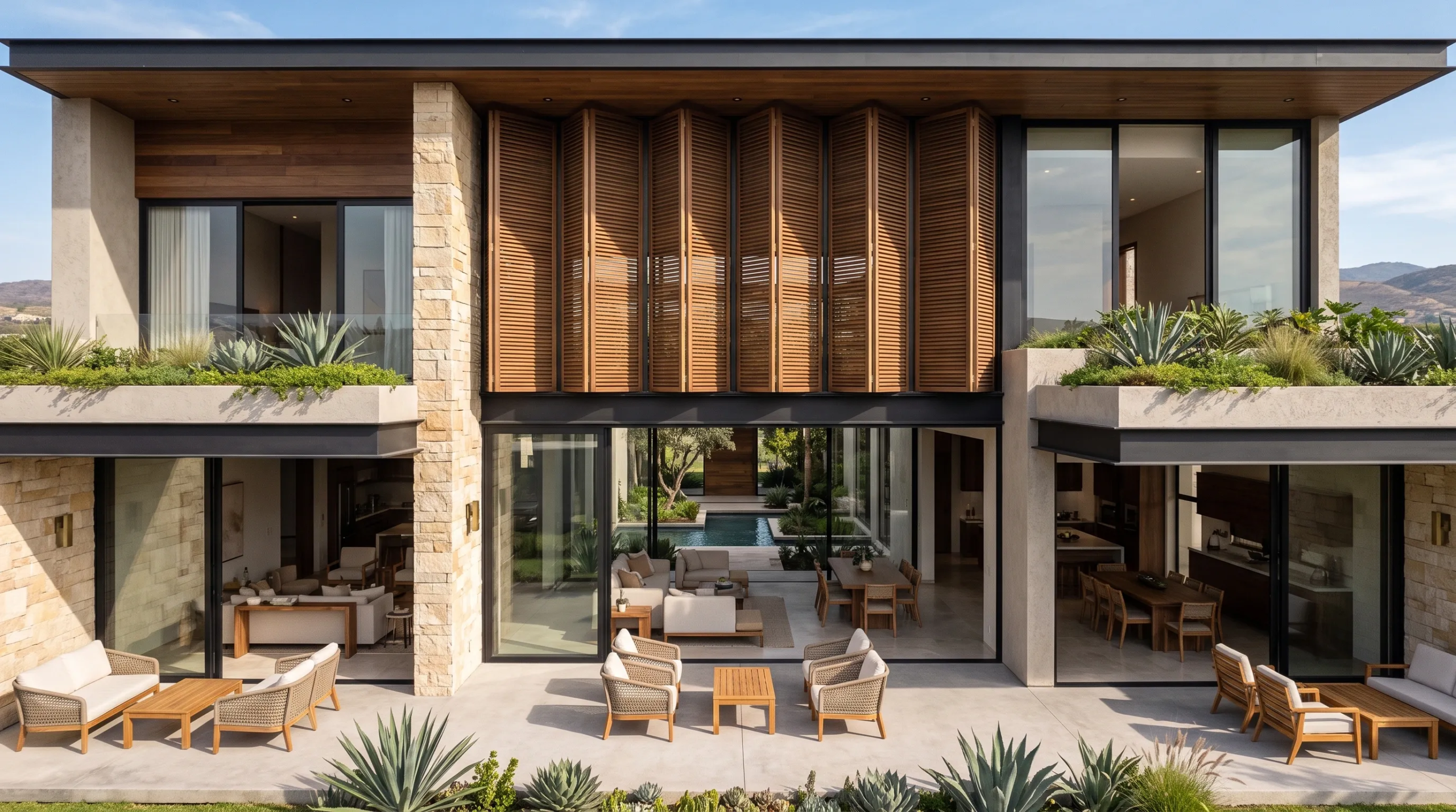 Vista de la fachada residencial moderna de lujo con persianas plegables de madera en el nivel superior, pilares de piedra natural apilada, vigas de acero expuestas, techos de madera en el alero, puertas corredizas de vidrio que abren a una terraza exterior y jardineras paisaj&iacute;sticas con suculentas de agave, dise&ntilde;o bioclim&aacute;tico de RBA Residences en Zapopan.