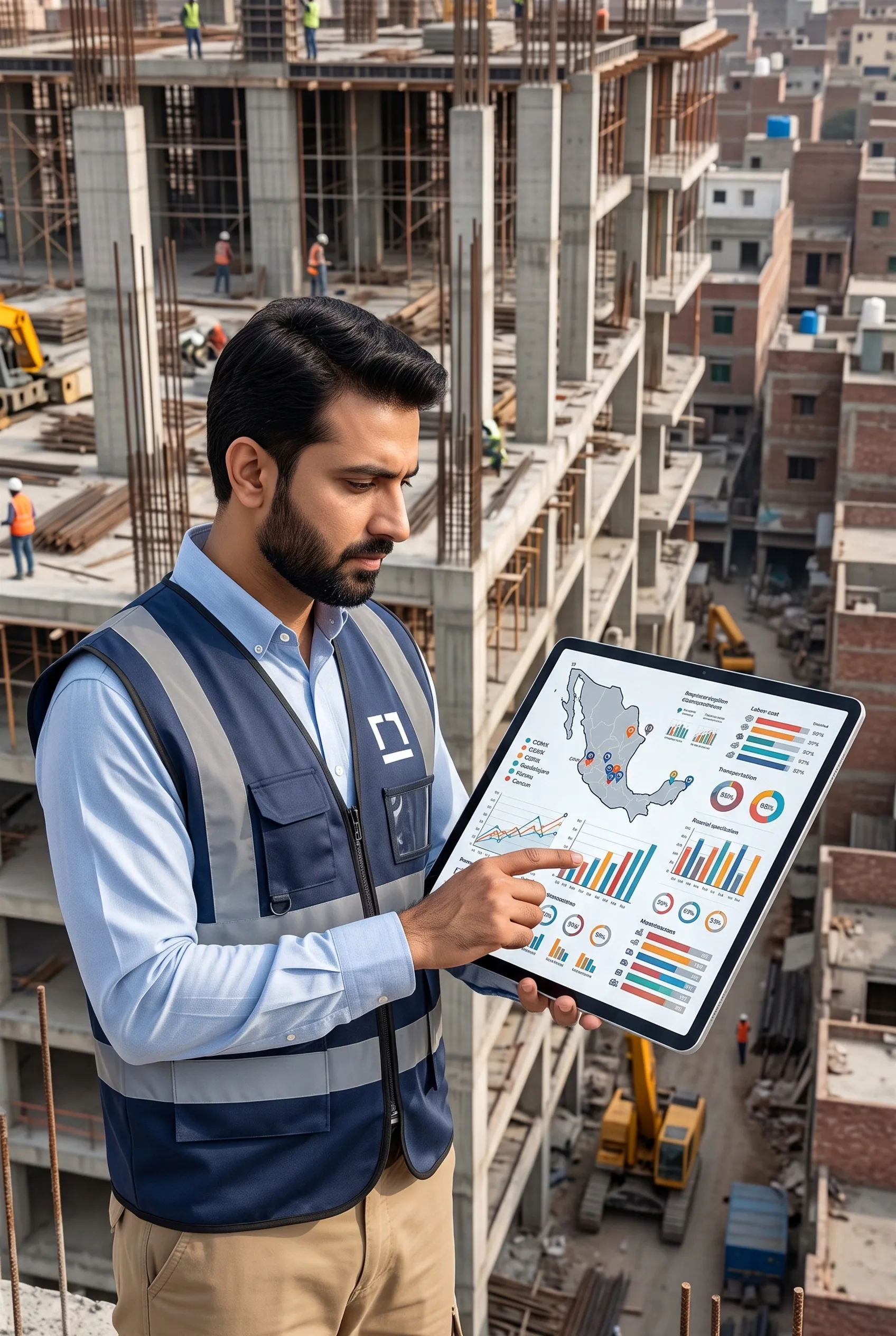 Ingeniero civil revisando análisis de proyecto y métricas en una tableta en un sitio de construcción de concreto de varios pisos, gestión de obra vertical de RBA Residences en Zapopan.